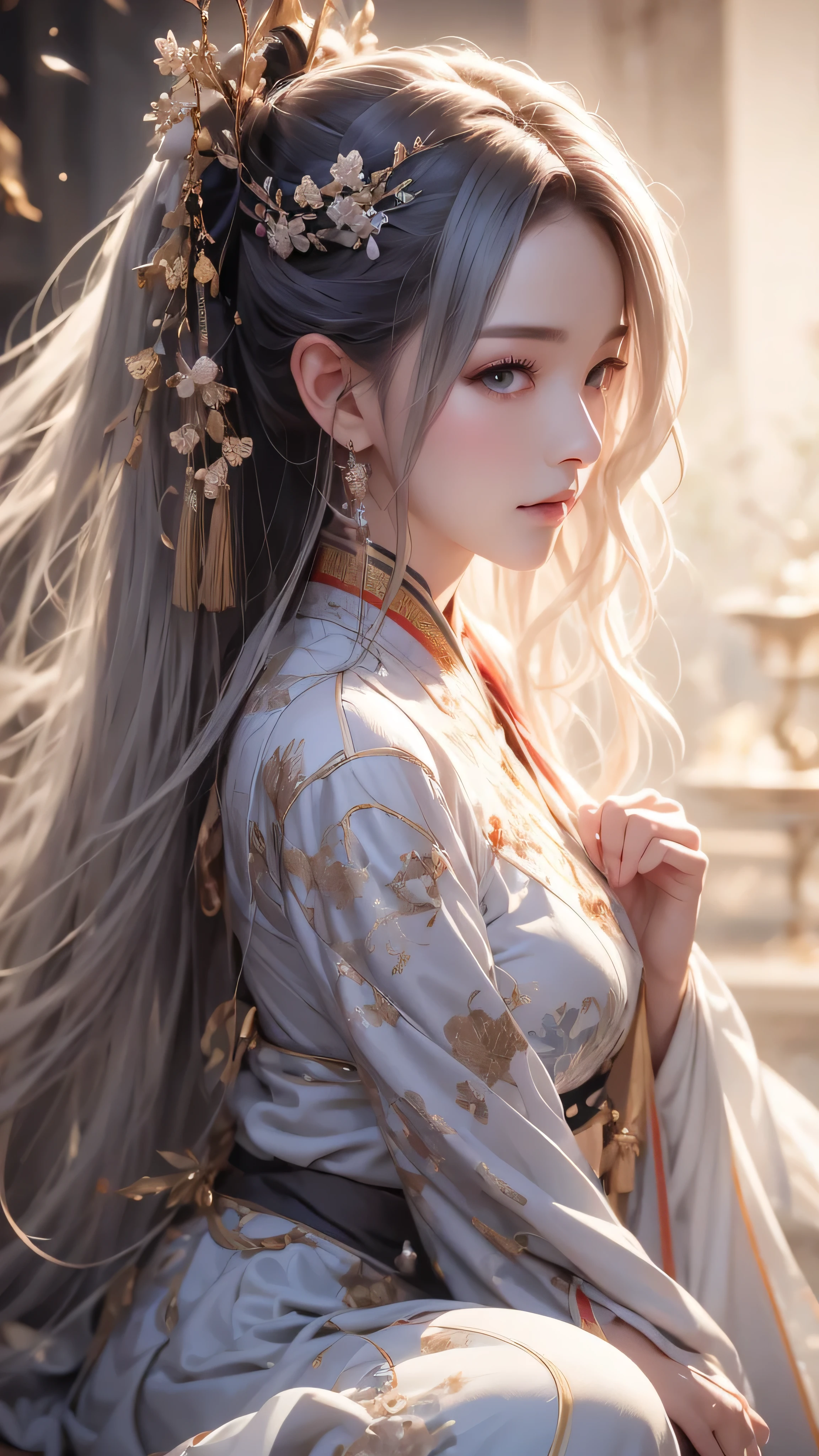 ((above the knee image:1.3))highlight very high quality, masterpiece, perfect illustration, very well detailed (Refined Light and Shadow, Very Dramatic Picture,backlight) , ((Gray Hair:1.5))one girl on her back,(( alone:1.6)), (Hanfu, Black Hanfu,Monotony,long sleeve、 gorgeous costume 、Highly decorated Hanfu) flower畑, flower, (white smoke:1.3) (realistic:1.4), Zen Intertwining, [ " tangled , Official Art, unity 8k 壁紙, very well detailed, beautiful and beautiful, masterpiece, Best Quality, (dynamic angle: 1.4), Glowing Skin, (Fluttering Colorful Glitter: 1) most beautiful chaotic shape, elegant, Brutalist Design, bright color, Romantic Depth of Field Exotic_ dance, half_naked、 mechanical fox ears showing shoulders 、plump breasts、big cleavage、Dynamic Pose、backlight,((from behind))