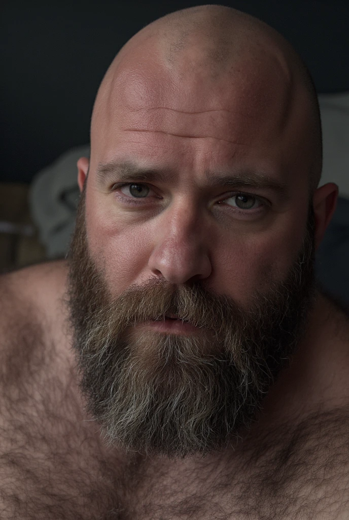 a soft, plump, thick, hairy man with a beard and glasses lies naked on the sofa, his penis is 15 cm