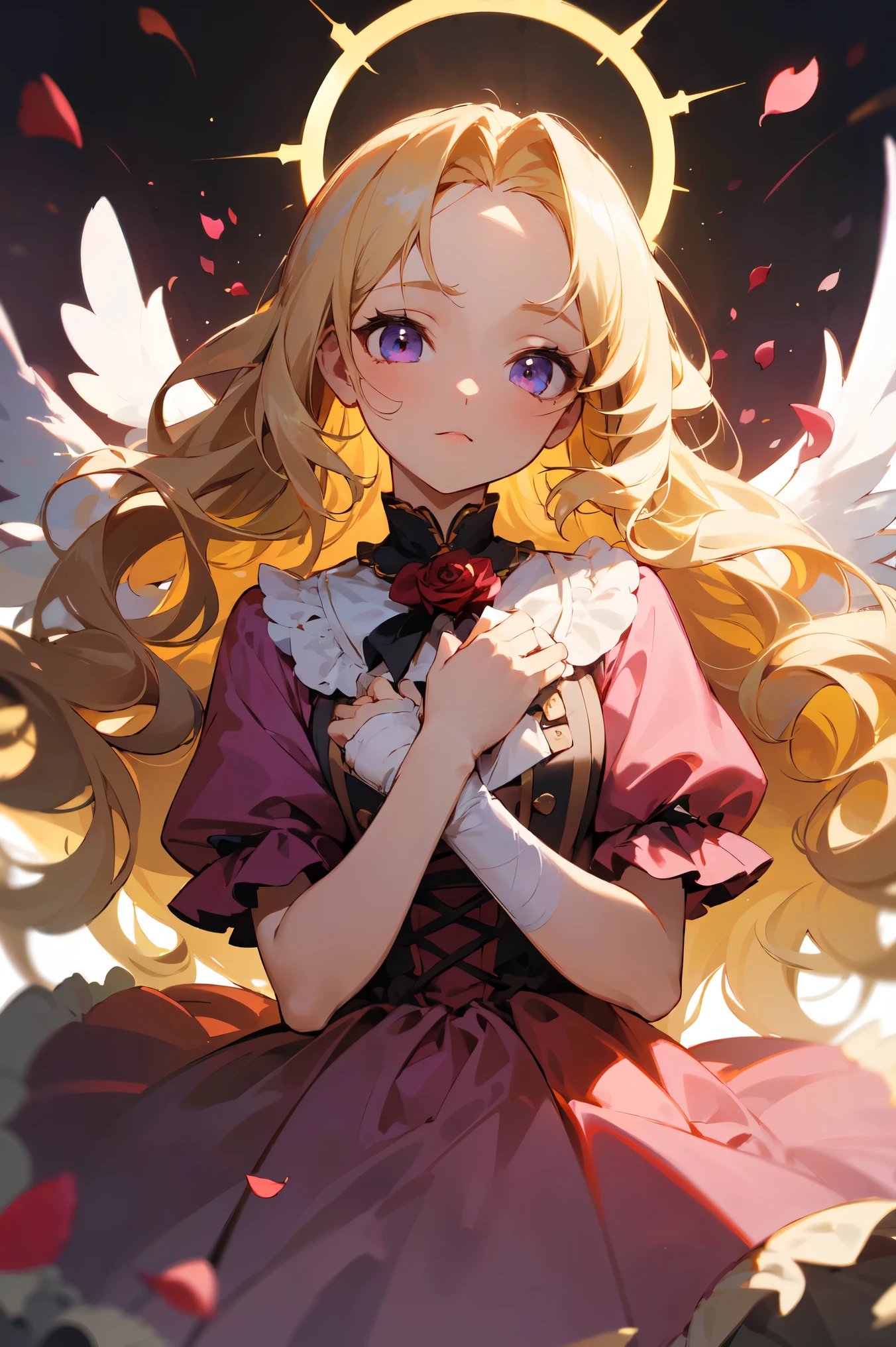 (masterpiece, high detailed, best quality:1.3), (cowboy shot), portrait, dutch angle, looking at viewer, 1girl, beautiful, golden hair, very long hair, wavy hair, hair flowers, parted bangs, (floating hair), purple eyes, beautiful eyes, pretty lips, (lolita fashion), (pink dress), white gloves, angle wings, white wings, golden halo, standing, (arms behind back), ((rose petals, falling petals)), rose background, (sparkling, ray of sunlight), soft lighting, vibrant light, fbokeh, depth of field, absurdres