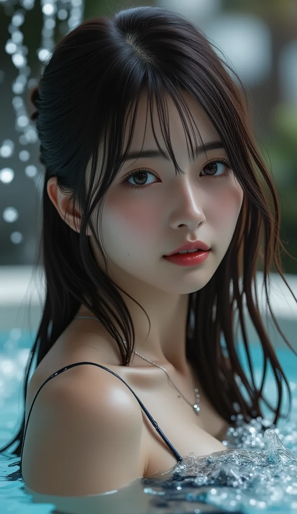 masterpiece, best quality,photorealistic, 8k cg, beautiful detailed face,beautiful detailed eyes,detailed skin texture,perfect body,official art, ultra detailed,rim lighting,soft lighting, cinematic light, ultra high res, best shadow, delicate, RAW,sharp focus, (pureerosface_v1:0.8),1girl, moist skin, (soaked hair:1.2), (fog:1.2), mist, shiny skin, glossy skin, partially submerged in the pool, (wet hair:1.2), showering , fog, mist, rainfall, tiny water droplet, wet, soaked in water, moisture,
