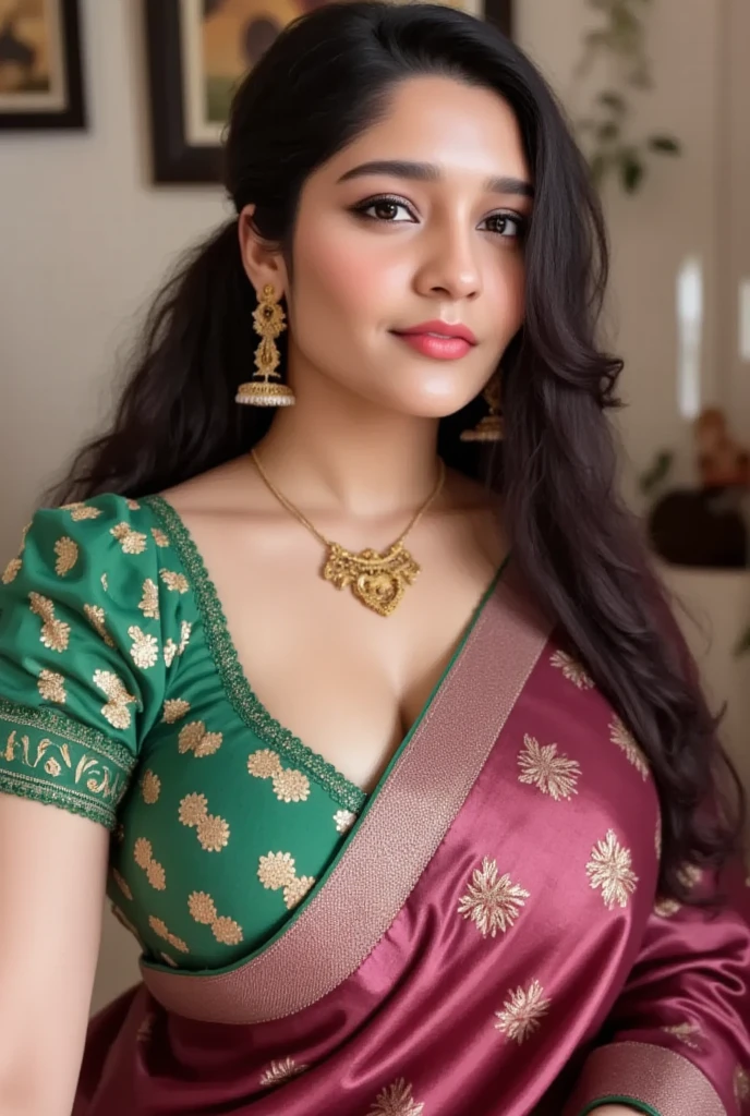 wear green designer printed Saree and blouse, a bindi on the center of the forehead, green saree and green blouse, full body covered in clothes, Indian temples in background, flower basket, very well dressed, going to temple for prayers, golden heavy jewellery, very beautiful 25 year old indian girl, full body photo, mehendi in hands, random hair style, holding Puja plate with Puja items for lord Shiva, lord Shiva temple in background, jewelry, gem, necklace, necklace set, tika, vermilion, nathiya, ear rings, mangalsutra, golden haar, gold bracelet, anklets, thick lips, holding flower basket for Puja in hand, skindentation, parted lips, full body photo from front, beautiful face, beautiful body, (detailed eyes), ulzzang-6500-v1.1, thick eyelashes, long eyelashes, random hair style, broad light, backlighting, bloom, light sparkles, chromatic aberration, sharp focus, Nikon Z 85mm, unparalleled masterpiece, ultra-realistic 8k photos, best quality masterpiece, best quality,