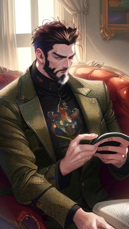  1 male, fat, tall, facial hair, glasses, depressed, messy room, black hair