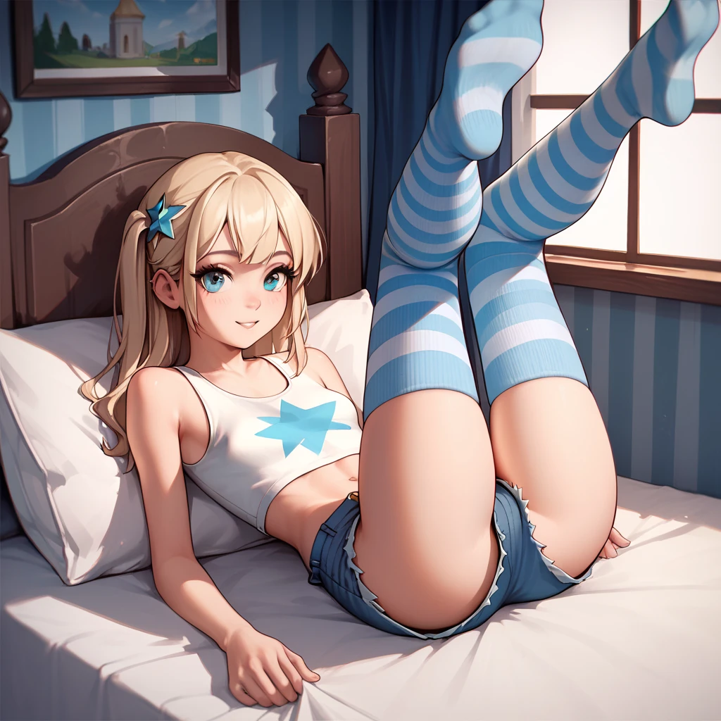 a beautiful elf woman, light blonde hair in a ponytail, beautiful blue eyes, busty dominatrix wearing a thick diaper, inflation, latex rubber catsuit, rainbow hair, woman, detailed face, happy, beautiful smile, aroused, mischievous, soft lighting, holding her breasts, gamer girl, egirl, streamer, cat ears, RGB lighting, gamer, streaming, inflatables