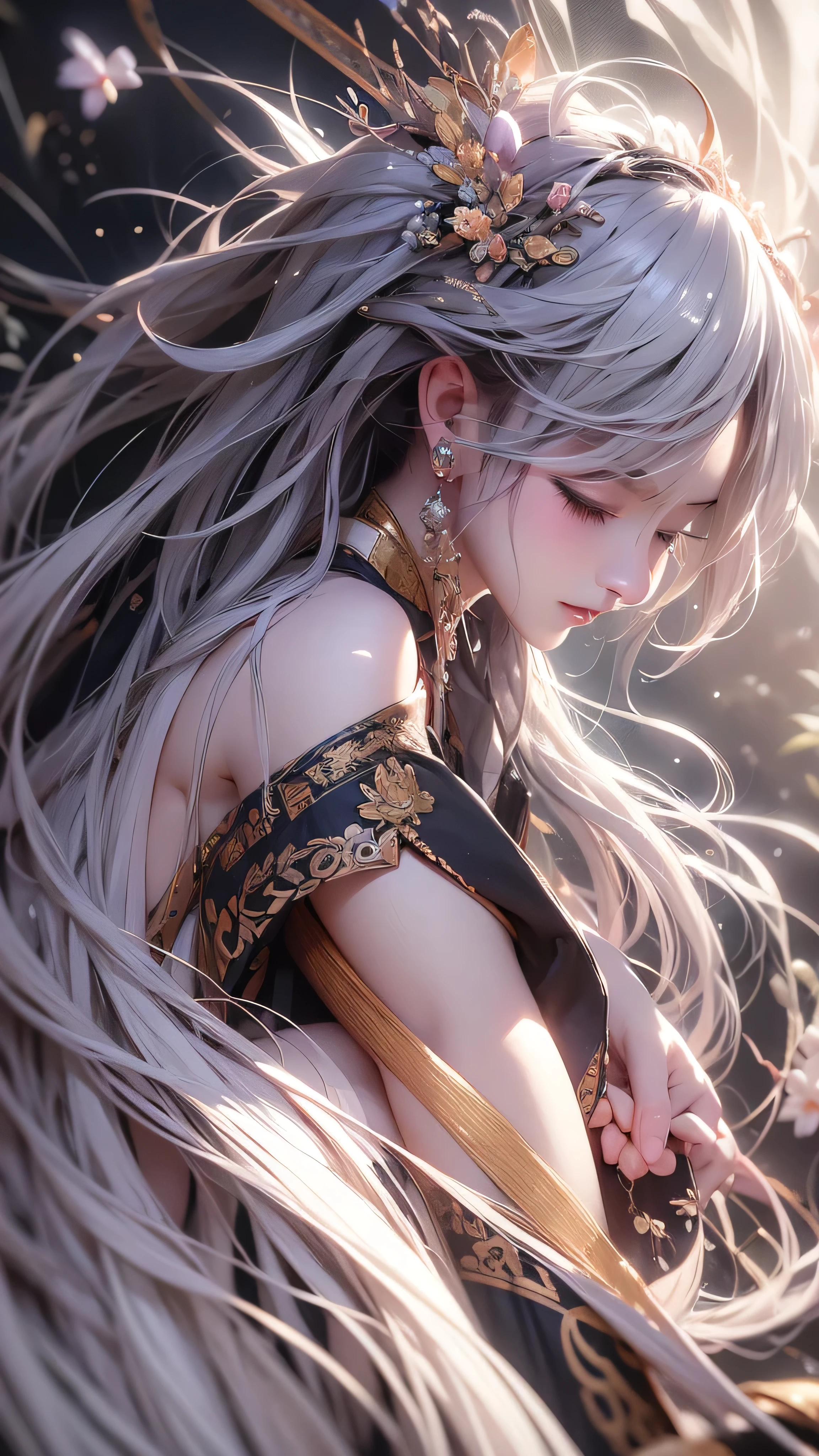 ((above the knee image:1.3))highlight very high quality, masterpiece, perfect illustration, very well detailed (Refined Light and Shadow, Very Dramatic Picture,backlight) , ((Gray Hair:1.5))one girl on her back,(( alone:1.6)), (Hanfu, Black Hanfu,Monotony,long sleeve、 gorgeous costume 、Highly decorated Hanfu) flower畑, flower, (white smoke:1.3) (realistic:1.4), Zen Intertwining, [ " tangled , Official Art, unity 8k 壁紙, very well detailed, beautiful and beautiful, masterpiece, Best Quality, (dynamic angle: 1.4), Glowing Skin, (Fluttering Colorful Glitter: 1) most beautiful chaotic shape, elegant, Brutalist Design, bright color, Romantic Depth of Field Exotic_ dance, half_naked、 mechanical fox ears showing shoulders 、plump breasts、big cleavage、Dynamic Pose、backlight,((from behind))