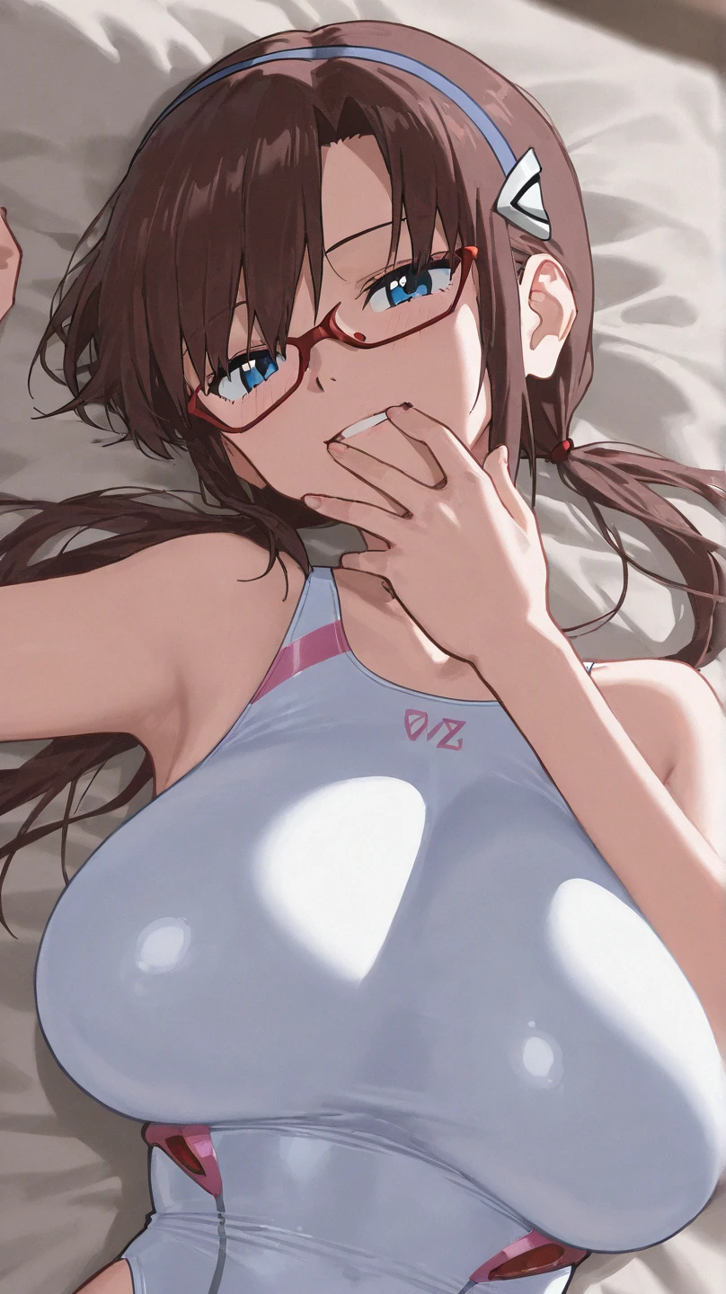 Masterpiece, Beautiful art, professional artist, 8k, art style by sciamano240, Very detailed face, Detailed clothing, detailed fabric, 1 girl , whole body, distant view, asleep, big breasts, lying on a bed, View from above, perfectly drawn body, beautiful face, long dark crimson hair, Closed eyes, pink cheeks, glasses, choker:1.6, (long sleeve white shirt), black gloves covering your hands, (shiny black leggings), Sensual Lips , winter night, , looking at the viewer,