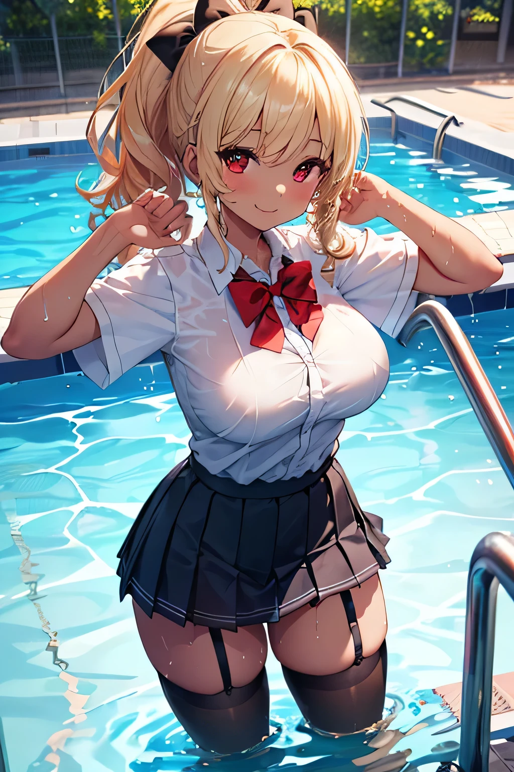 1 lady, HD quality, anime, solo full body shot, (sitting with hands back:1.3), (open legs to limit:1.5), (with one knee up:1.3), showing pubic area:, (under boob:1.6), Large breasts, (cleavage), shiny skin, smiling, (thin thighs:1.3), (Sailor uniform only for the upper body:1.5), (Crop Top sheer white shirt:1.5), (sleeveless:1.6), without brassiere, (sheer white tiny micro thong:1.5), poolside, (Green detailed eyes), blue sailor collar, red ribbon tie