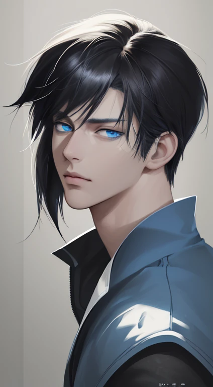 Manhwa Arte Europeo, 25 years old man, Pelo desordenado de la cabecera, Cabello negro azabache, ojos penetrantes, cejas gruesas, Llevar disfraz de vampiro, ojos amarillos, orejas punteagudas, colmillos salientes de su boca, sangre resbalando de su boca, amenazante, sexy, sensual, razor-sharp jawline, mirada penetrante, Cold and mysterious character, 8k, Detailed features, muy guapo, low long ponytail, blue eyes