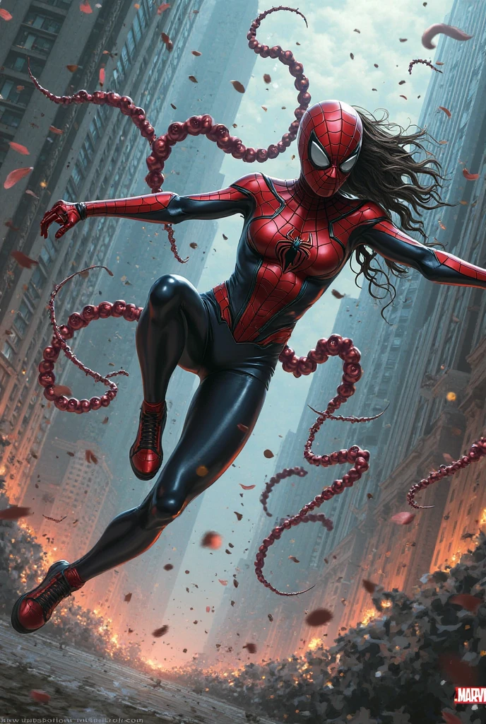 Evangeline Lilly、マーベル・コミック映画のPoster, Very beautiful, Movies about Spiderman, sexy, whole body, I'm wearing a skirt、Premiere date, Poster、belly buttonを突き出す、new york、She&#39;s wearing a torn Spider-Man suit,The suit is torn、Wearing a skirt、 Red and black color scheme,dynamic、masterpiece、highest quality、Ultra-detailed、Very detailed、A delicate and beautiful shine、超A high resolution、Cinematic,Break,Breakdrop,(Torn clothes:1.5), (Wet clothes:1.4), Bare shoulders,Real Rain,Wet Hair,belly button、Exposing Skin、sexyな肩を見せてる