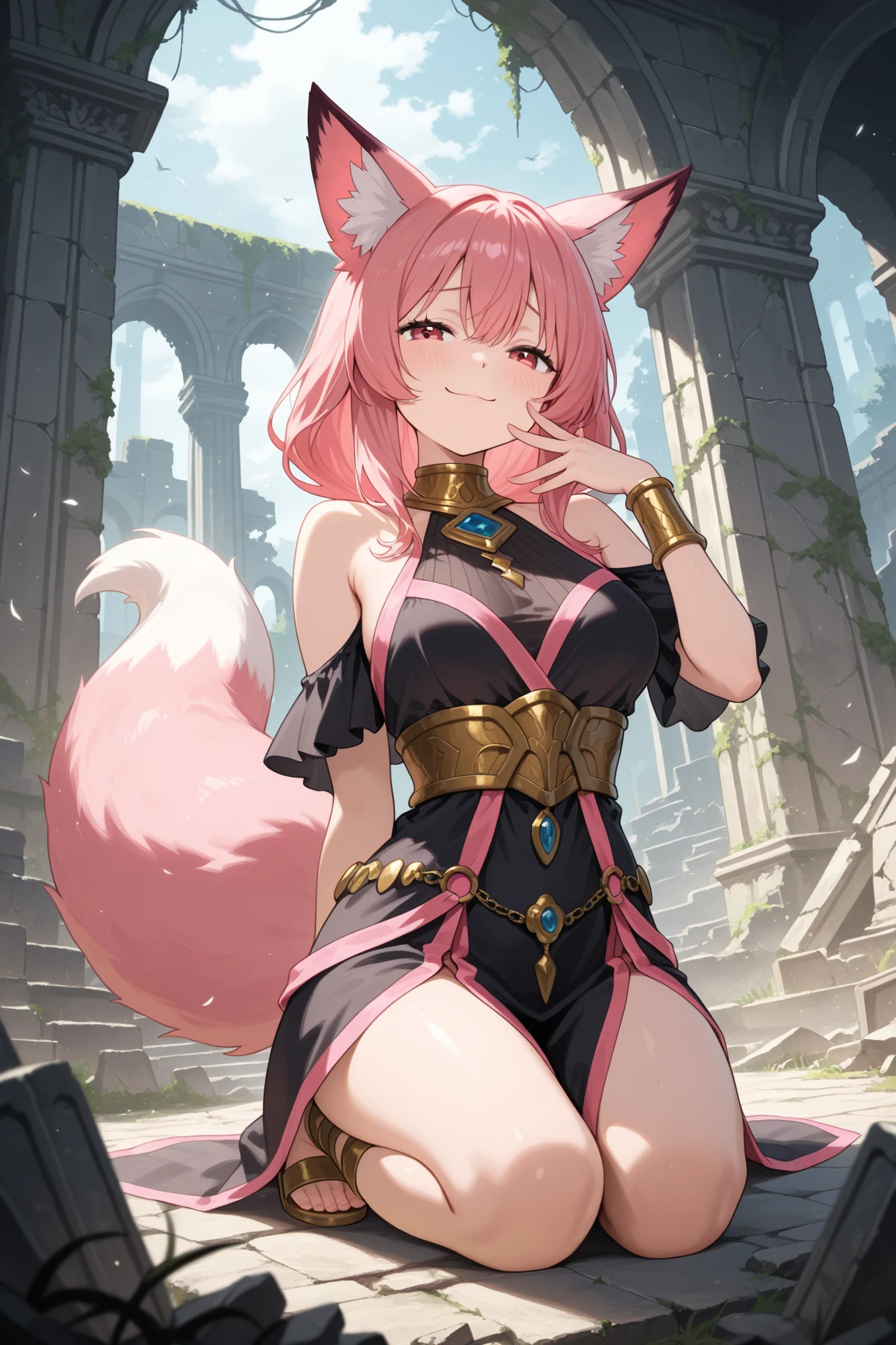 1girl, centaur, long pink hair, princess outfit, blue eyes, pointy ears, humanoid