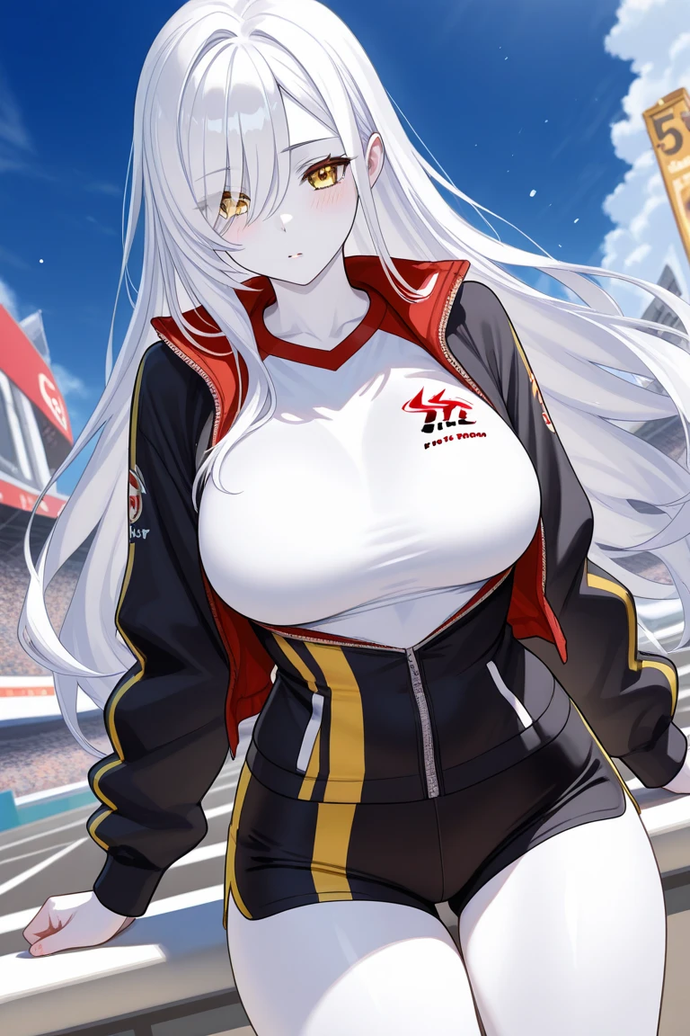 a woman wearing a race queen outfit, black with red details, short coat, black gloves, short shorts, exposed thigh, black leather boots, large breasts, orange eyes, long silver hair, braids, smiling, walking on the sidewalk of a track racing, full body, ((solo woman)) ((only one woman)) grandstand in the background, racing lights in the background, race flag nearby, race car in the background, surrealism, projected shadow, anaglyph, stereogram, tachi -e, pov, atmospheric perspective, surrealism, flower, 8k, super detail, accurate, best quality, UHD, anatomically correct, textured skin, high quality, high resolution, best quality
