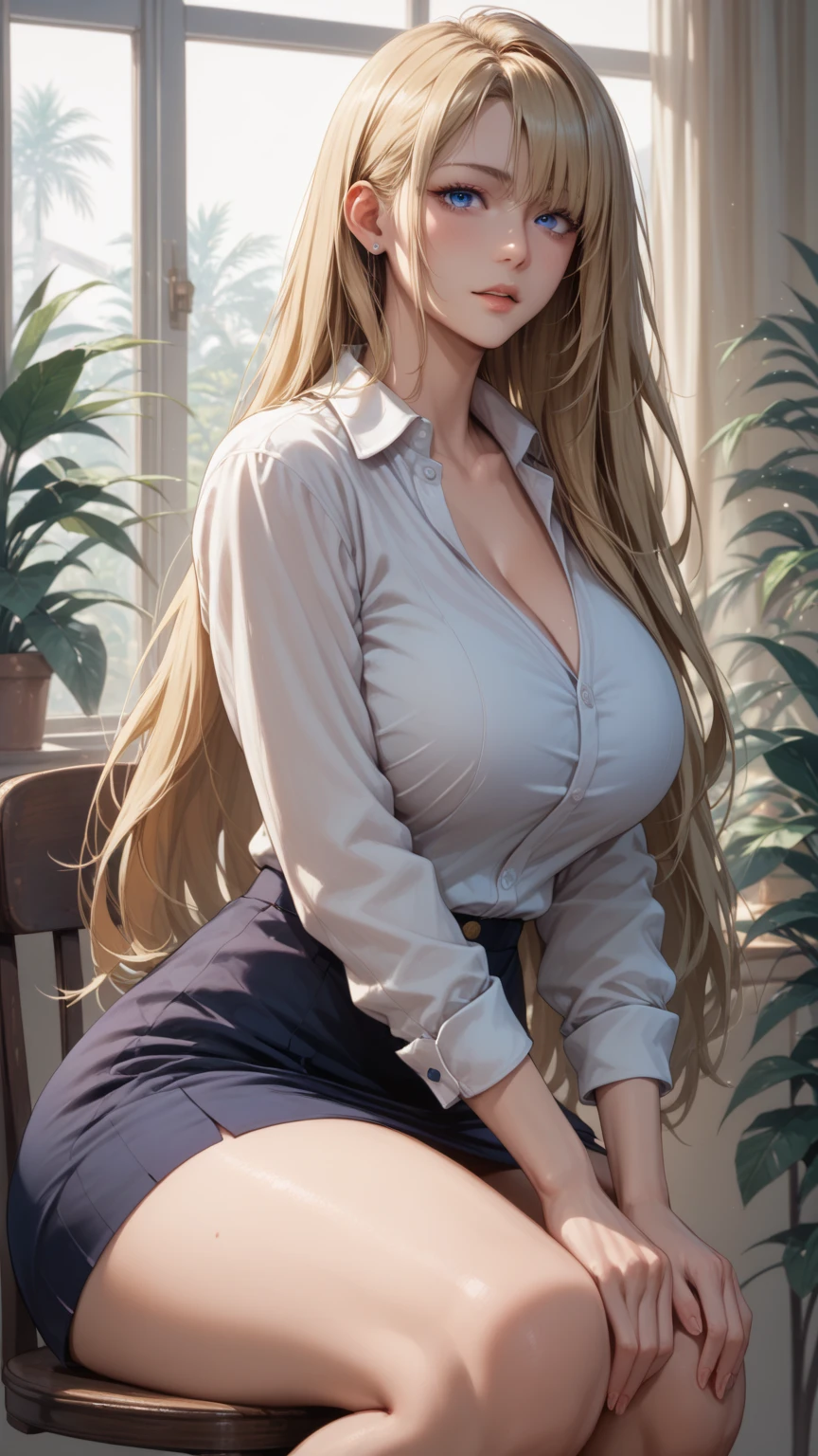 (best quality,8K,high resolution,masterpiece:1.2),digitally-created,30-something woman,beautiful flowing golden hair,gentle expression,businesswoman attire,unbuttoned white shirt,taking off stockings