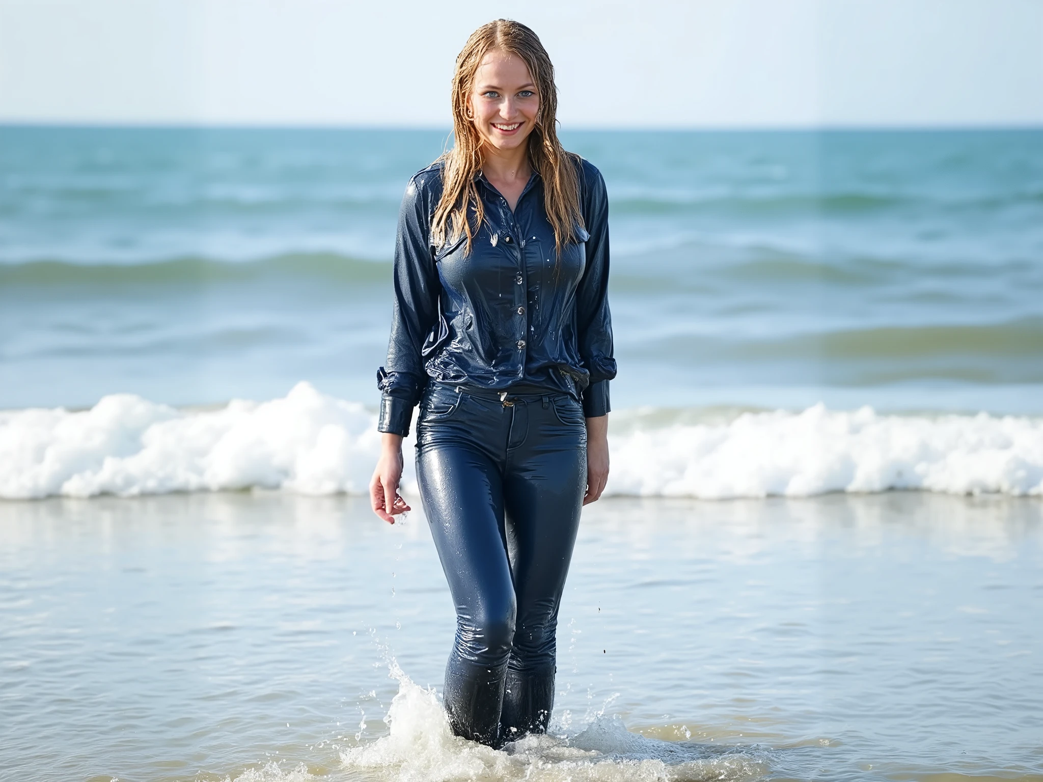 tall slim blonde girl, very attractive 18-year old girl, full-length view, ((completely wet)), enjoying being all wet, walking out of the ocean, walking through the surf, viewed right from the front, wet face, water dripping from her nose, hair dripping and sticking, blue eyes, very long wet curly hair, dark wash blue tight long leg jeans, a soaking wet dark blue wash denim jacket, a soaking wet blue plaid shirt, long sleeves, black leather booties , completely soaking wet, (wet hair), wet see-though jeans, wet shirt, wet jacket, wet boots, waterlogged clothes, soaking wet, wet, wetlook, looking at the viewer with inviting smile, boots visible