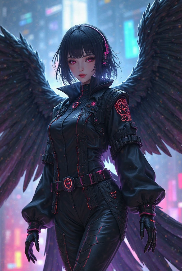 8k、The city of the near future、A girl is dancing in the air、It has large mechanical wings、、Dark Lighting、Hands are outstretched、Stylish face、A world that has collapsed、multicolored、hairfloating hair、furious