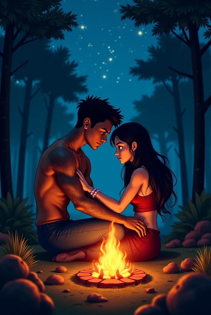 .In the dense forest, a beautiful white Thai woman, her body naked, showing her pubic hair, a clear cleavage, and large breasts, is sitting against a fire in a cave with a naked young man. Both of their bodies are cold, the atmosphere is brightly lit by the fire in the firewood, with a pair of loincloths hanging out. Both of them slowly lean towards each other and kiss. The one who starts to lie down, the man leans down and follows, his hand grabs the edge of the pants and pulls them down to her feet. The woman lies down with her legs spread and her hands grab the man's waist, her hands around his neck..