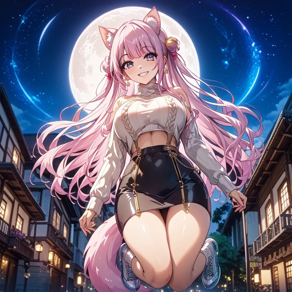 one sexy woman、pink long hair、white cat ears、pink eyes、glossy lips、look at the camera、cute smile、happiness、big breast whip、valley、Pink tail、shiny skin、black lace dress、side slit、beautiful night sky、starry sky、Cherry blossom tree and falling cherry blossom petals、Wind、Strong oblique angle、pink theme、Sparkling、heart、make hair float、beautiful lighting、Streaks of Light、depth