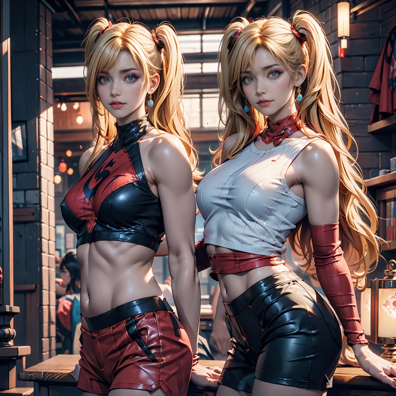 4k, realistic, charismatic, Very detailed, There's a Girl in the Sky, dress в чёрный блестящий латекс , She's a super girl, superhero theme, blonde with short hair, ponytail, 20 years, whole body, (detail in the eyes), (detail in face), incredibly beautiful, Blue eyes, blush, draw up, Red lipstick, mini skirt, (wide hips),  (thick thighs), , dress,, seductive pose, (extreme hourglass figure), Thin, slim, White skirt, boots, Skinny T-shirt