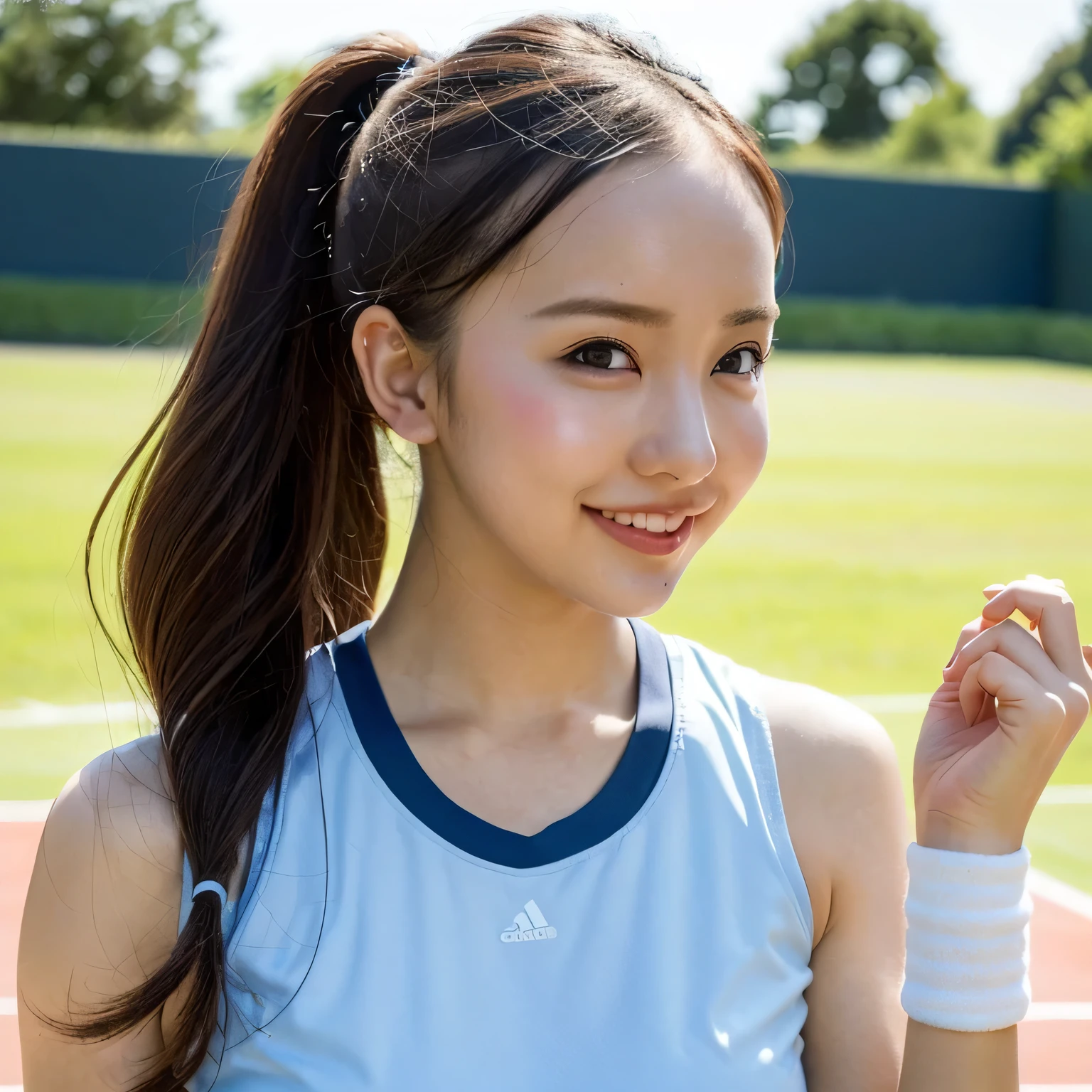 17-year-old girl、whole body、(Sports bra、Sportswear)、Small breasts、(smile、Perfect white teeth)、bangs、Long Hair、Hair Ribbon、(Twin tails、Smooth Hair)、Slim body、RAW Photos, (Highest quality、masterpiece、Realistic photo:1.2)、(Realistic:1.4)、Dramatic lighting、Bright lighting、Pastel Color Palette、Super detailed、Realistic skin texture、Beautiful eyes in every detail、Brown eyes、(Detailed Background、Depth of written boundary、Athletics Stadium、Stadium:1.2)、