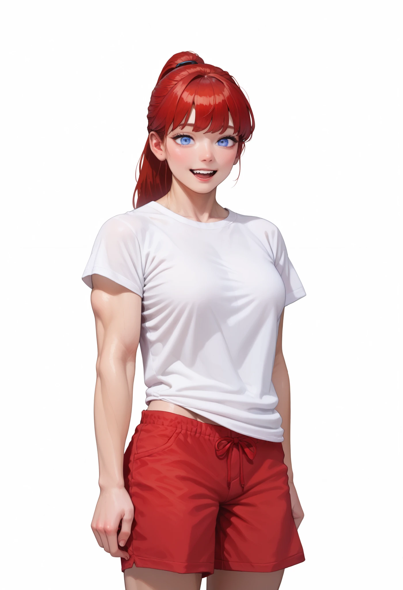 ((White background)) ((Korean girl)) ((1girl)) , (solo girl) ,24 years old, rathing_questionable , detailed eyes, (Red hair tied in a ponytail) Bangs ,blue eyes, (white oversized t-shirt:1.3) ,(Red shorts:1.2) , ((hyper muscular:0.5)), strong , (sexy) tall ((big breasts:0.6)) ,(muscular), tall ,Long legs , (shout) excited