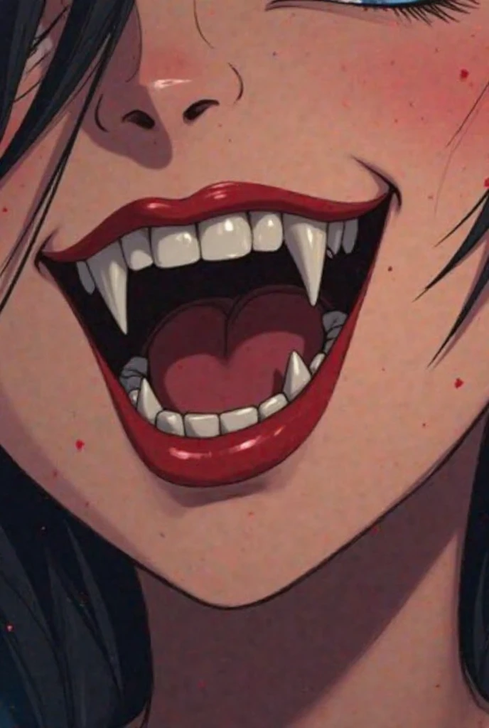 Short black hair, sparkling red eyes, blood red lips, white teeth, fangs, open mouth, high-level photography, smiling