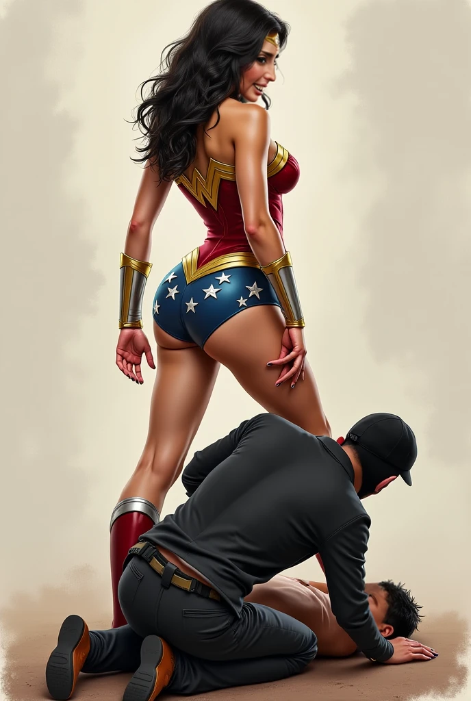 A toned athlete, muscular, blue eyes, black hair Wonder Woman in Wonder Woman’s tiara, red and gold bustier, blue leotard with white stars, ((silver wrist bracelets:1.2)), ((Red knee high boots:1.2)), golden belt with athletic and muscular body standing with hands on hips, fat muscular bald man wearing grey suits laying on the ground unconscious with eyes_closed covered in mud. Dark alleyway background. (perfect anatomy), (masterpiece:1.2), (best quality:1.2), intricate details, Muted Tone, Delicate, Detail, sharp focus, perfect hands, perfect face, perfect eyes, perfect light, dynamic light, natural light