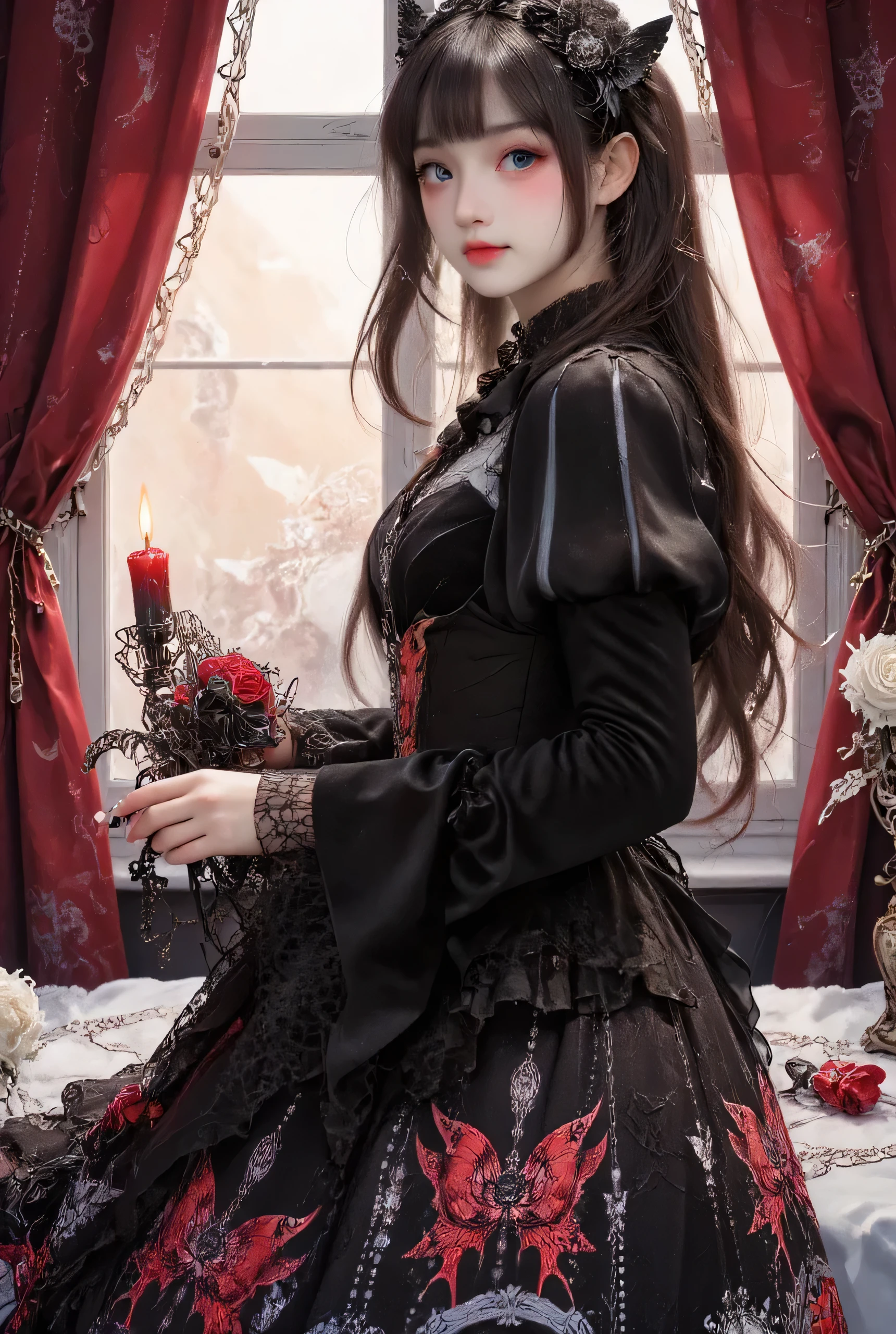 dream catcher dark mystic fantasy themed young woman, long dark hair, wearing dark ta dress with red inticated detailed standing in bedroom near the window with candle light. the image should be hyper realistic, best quality, highly detailed, HDR, cinematic, softly glow. The scene is painterly, with a romantic, gothic aesthetic, using soft light and shadows to create depth. Highly detailed, with a dreamy and mysterious atmosphere.