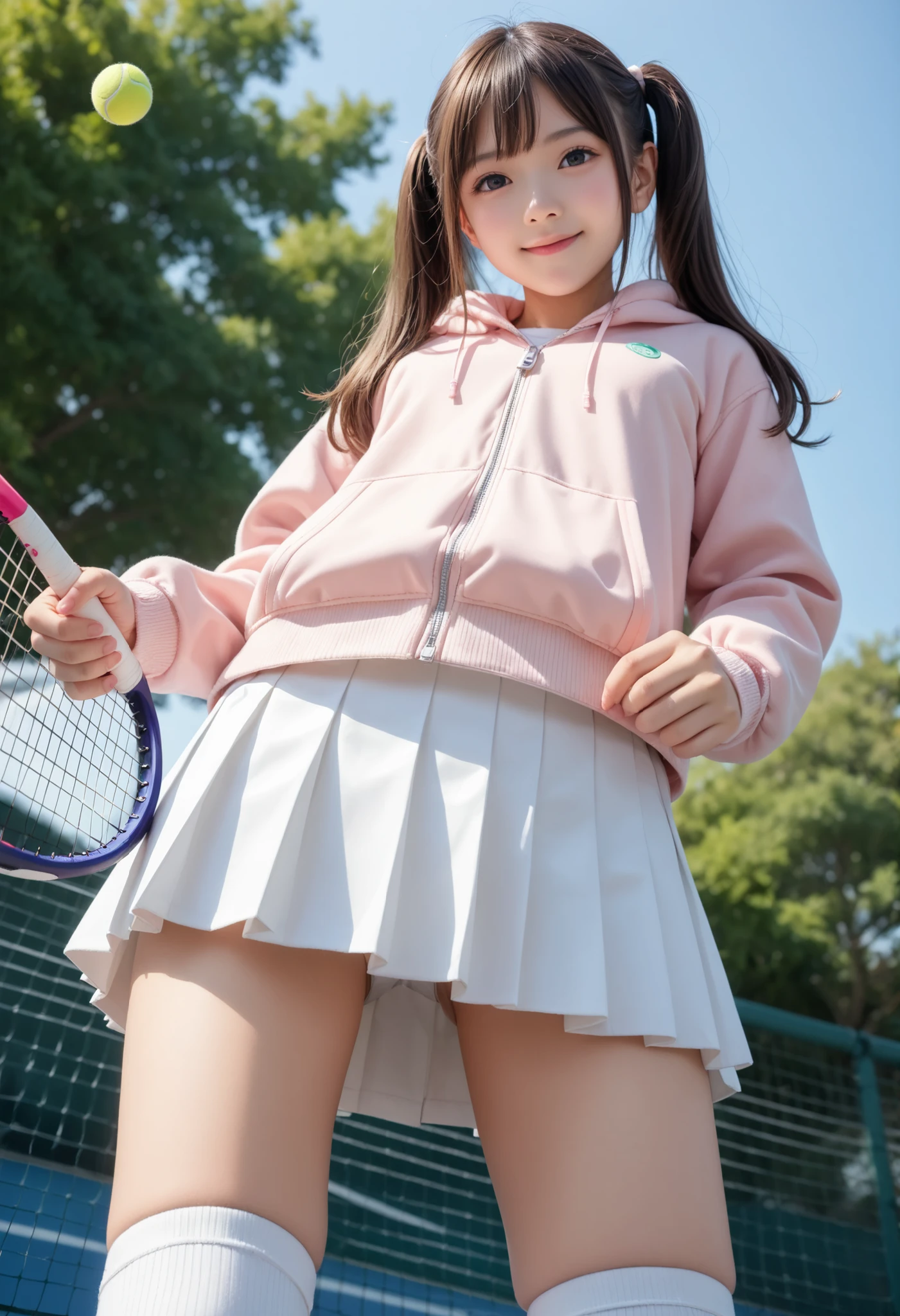 An amazingly cute Japanese girl is hitting back a tennis ball with a tennis racket in tennis wear at school club activities 、(The line of sight is on the opponent's coat)、 (wearing Japanese tennis wear on the school tennis court), (純白色のundercoat that stands out locally)、 、 Gravure idol with realistic young face , young slim and amazingly cute gravure idol , (TWIN TAILS) 、 Beautiful skin、 oily skin 、 (( Low Angle Shot))、 sports boots、 realistic atmosphere, cute girl,Young Face,baby face, cute 、 Beautiful breasts with shapes that are too cute、 Too cute、 middle school student、(smile)、 ((A glimpse of her white pants、undercoat that stands out locally))、(( White Super Mini Skirt ))、((Panchira))、