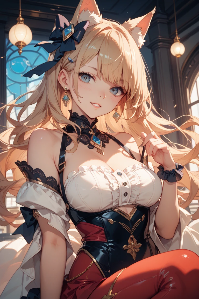 (masterpiece, best quality), 1girl,  navia,long hair,blonde hair, blue eyes,open dress,bangs,gloves,bare shoulders, cleavage, thighhighs,black gloves,drill hair,detached sleeves, spread legs, pussy, arms behind head, both armpits, cowboy shot, smile, beautiful face, looking at viewer, full body, tiara