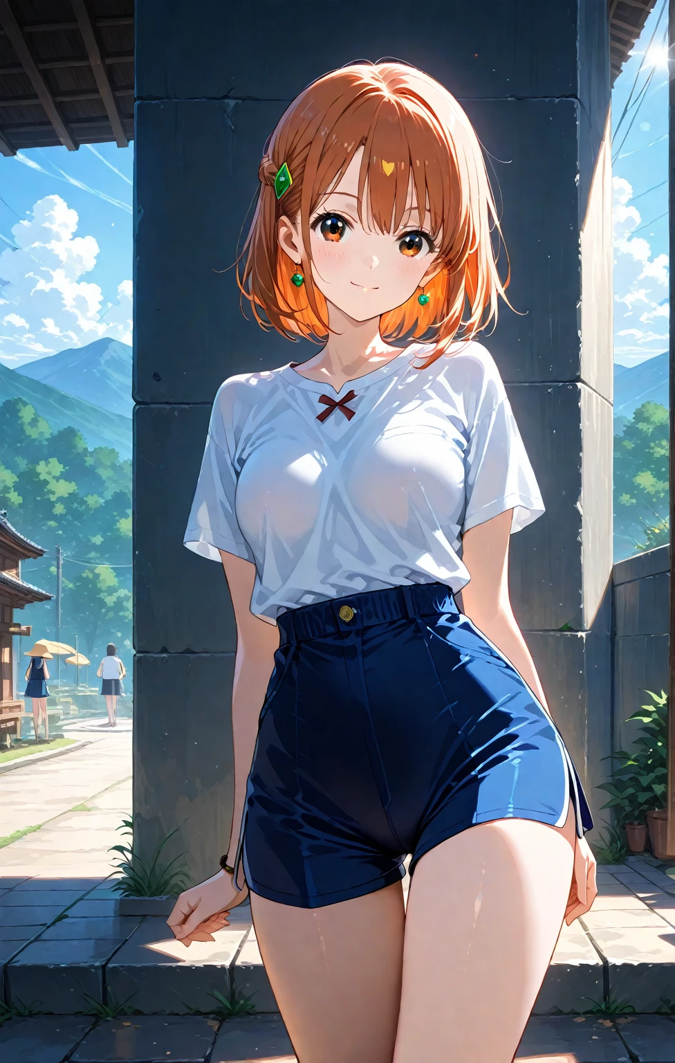 (best quality,4k,8k,highres,masterpiece:1.2), ultra-detailed, from behind,ass,takami chika, sailor top, school skirt, midriff,  slightly excited and smile, sleeveless, thighs, cowboy shot