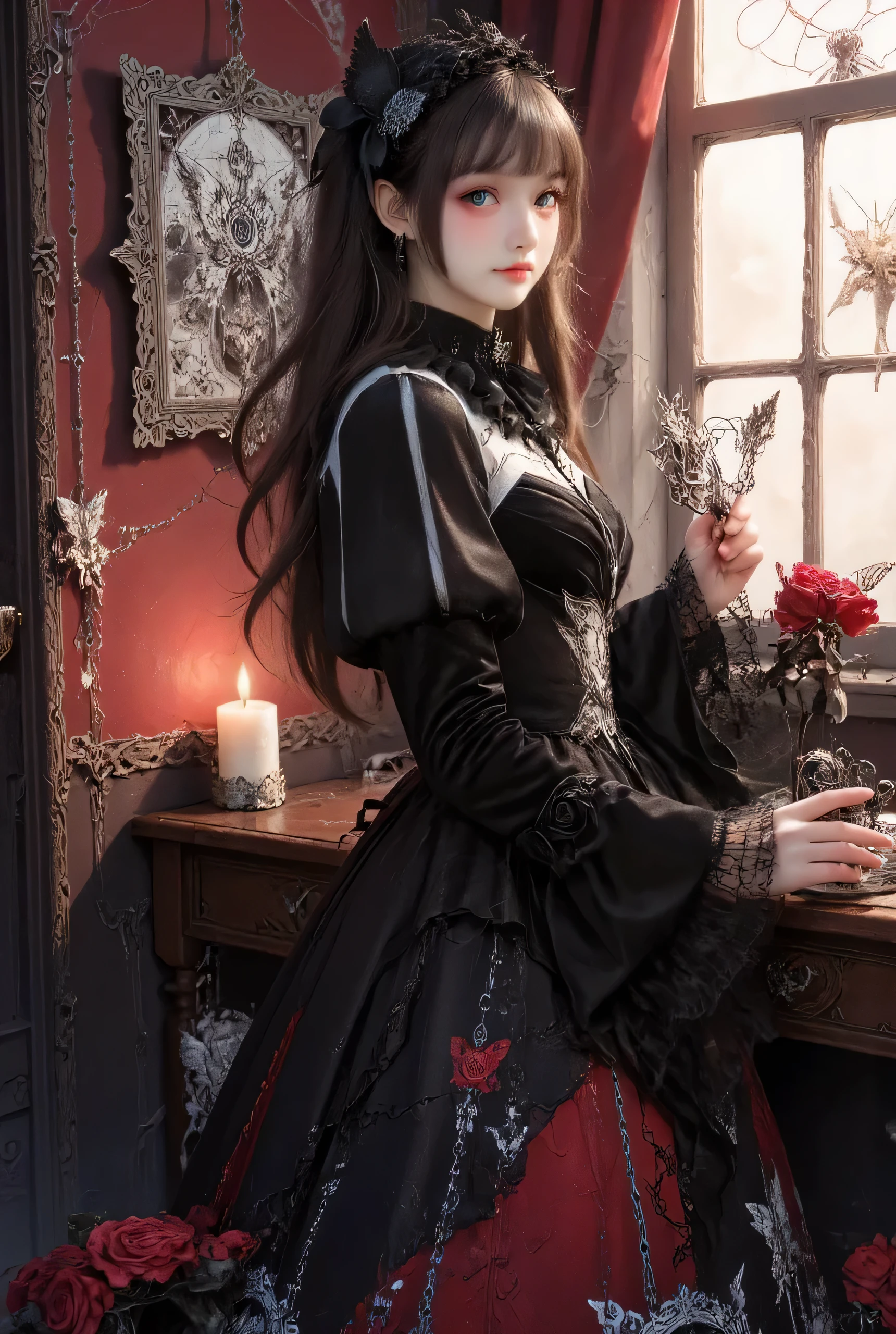 dream catcher dark mystic fantasy themed young woman, long dark hair, wearing dark ta dress with red inticated detailed standing in bedroom near the window with candle light. the image should be hyper realistic, best quality, highly detailed, HDR, cinematic, softly glow. The scene is painterly, with a romantic, gothic aesthetic, using soft light and shadows to create depth. Highly detailed, with a dreamy and mysterious atmosphere.