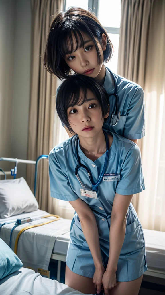 Doctor in white coat touches the breasts of two naked JaPan schoolgirls in cage