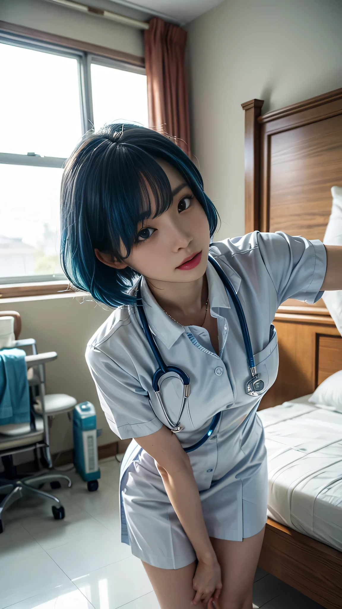 A gentle and caring scene of Lina with striking light blue hair, dressed in a white nurse uniform, leaning over to gently look at a hospitalized patient lying in bed. Her water-blue hair flows softly as she bends slightly, with a warm and compassionate expression. She is the only one in the scene, standing beside the bed, looking down at the patient with care. The white nurse uniform is neat and professional, with a stethoscope around her neck. The soft lighting in the room creates a peaceful atmosphere, and the calm hospital room is filled with medical equipment in the background. Lina’s light blue hair is highlighted as she tends to the patient, embodying kindness and professionalism.
