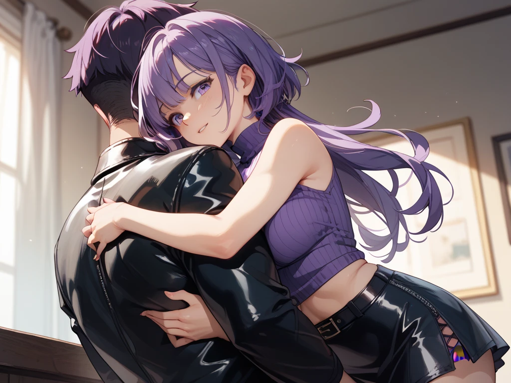 girl with violet hair with a gradient to pink and with a ponytail hairstyle with a lock that falls on her face and with a black sleeveless shirt with dark blue pants giving squats having sex from the boy&#39;s view