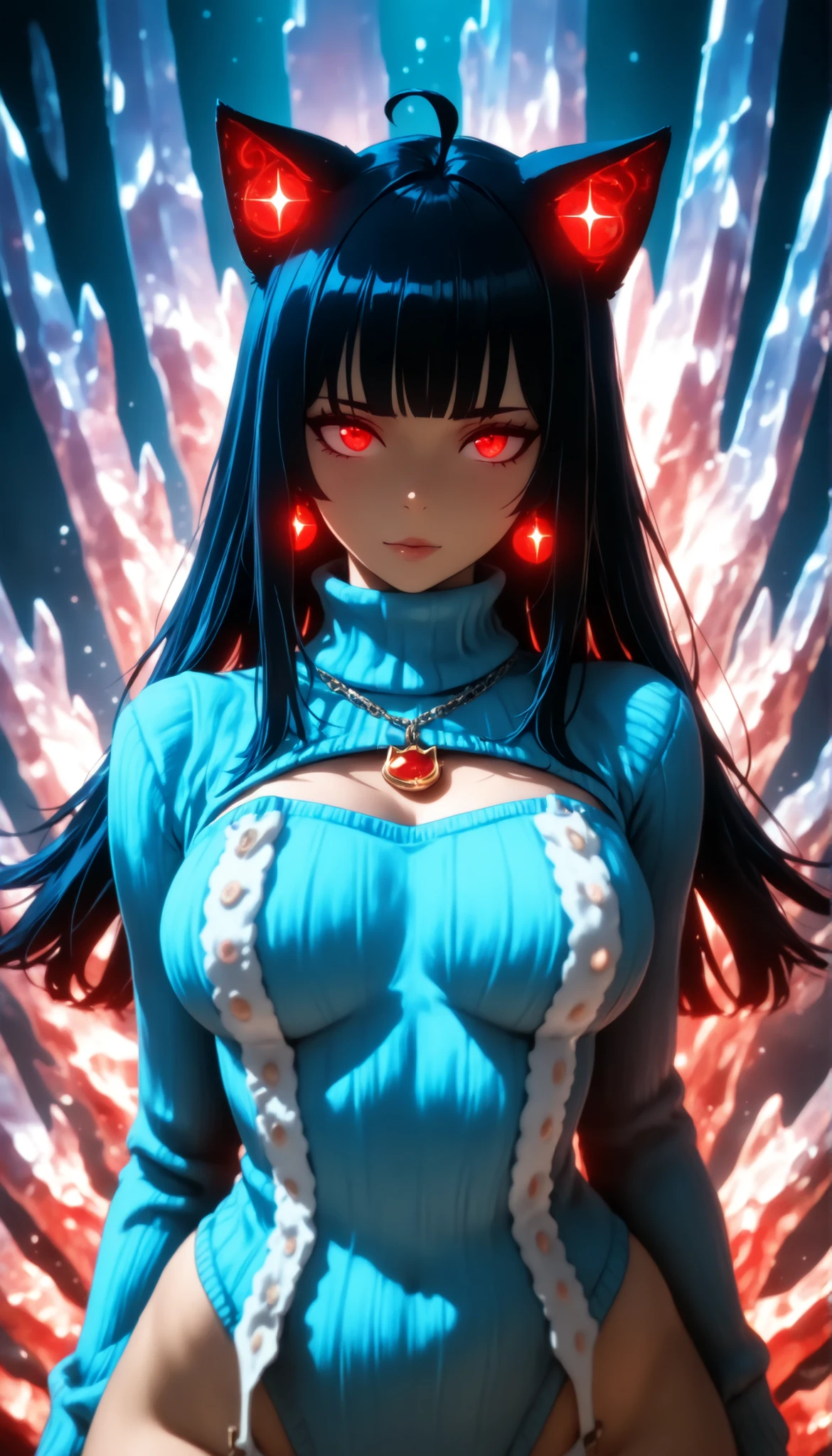 Masterpiece,newer ,Absurds, highres,detailed background, A girl,crystal hair,((cat girl, cat black ears)), (red eyes), (long hair), (( black hair, (Ahoge), straight bangs,)),,sunlight,rostro,Detailed textured ,detailed and polished reflections, Jewelry Ornaments ,pendant, earrings, virgin destroyer sweater, elegant,wide hips ,broad breasts,purple eyes like gems,