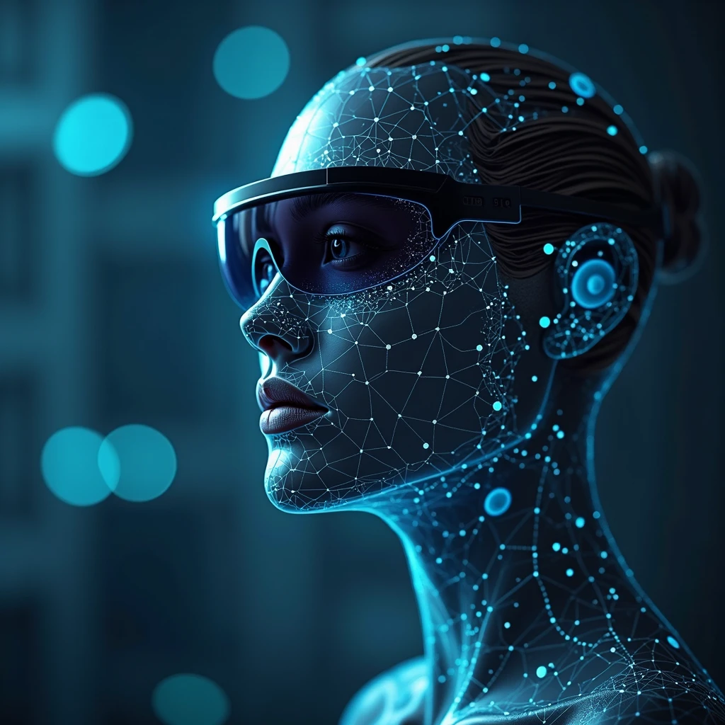 🌟 
     Visual style : color palette clear and futuristic
 Resolution: 8k quality, razor-sharp
 design approach: professional UI design,  minimalistic, modern typography: Blau-, shades of gray and white — reputable, tech-oriented
 style details: Replace subtle shading and light reflections for depth, klare Kontraste
🌌 
    Umgebung: high-tech office or digital workspace
 Visual elements:
        abstract data connections / networks
 Interface elements with displays for IoT & smart devices
 background style: Modern, calm and clearly focused (Leuchten, Linien, Data flows)
🔧 
    example object: stylized face or abstract outline, Genderless head with smart glasses, 
    Form & Stil: Neutraler, stylized head (human or abstract)
    Accessoire: Wears smart glasses (z. B. RealWear with side display arm)
    Branding: Optional text or projection on the “LE Tech” eyeglass frame
 Design focus: Technisch, fokussiert, without distractions: Dunkelgrau, Schwarz, Blau – für Klarheit und Wiedererkennung
🔥
    Zukunftsorientiert, Professional, reputable
 Visually strengthens the topic of digital transformation and innovation
 Ideal for tech websites, Smart Device Management, SaaS-Plattformen
📏 
    Icon-Formate:
        Quadratisch (256x256 px)
        perfect for web, Mobile Apps, dashboards
 UI compatibility: high contrast for good readability in bright & dark themes