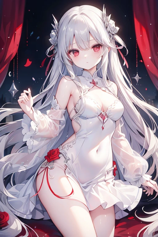 nipple、Pussy、Erotic、beautiful illustrations, highest quality, cute  girl, (conversion sequence), transformation magical girl, Chibi, white magical girl, fractal art, albino, baby face, pure white and red long mesh hair, beautiful detailed red eyes, cinematic lighting, cowboy shot, looking at the viewer, from below, Happy