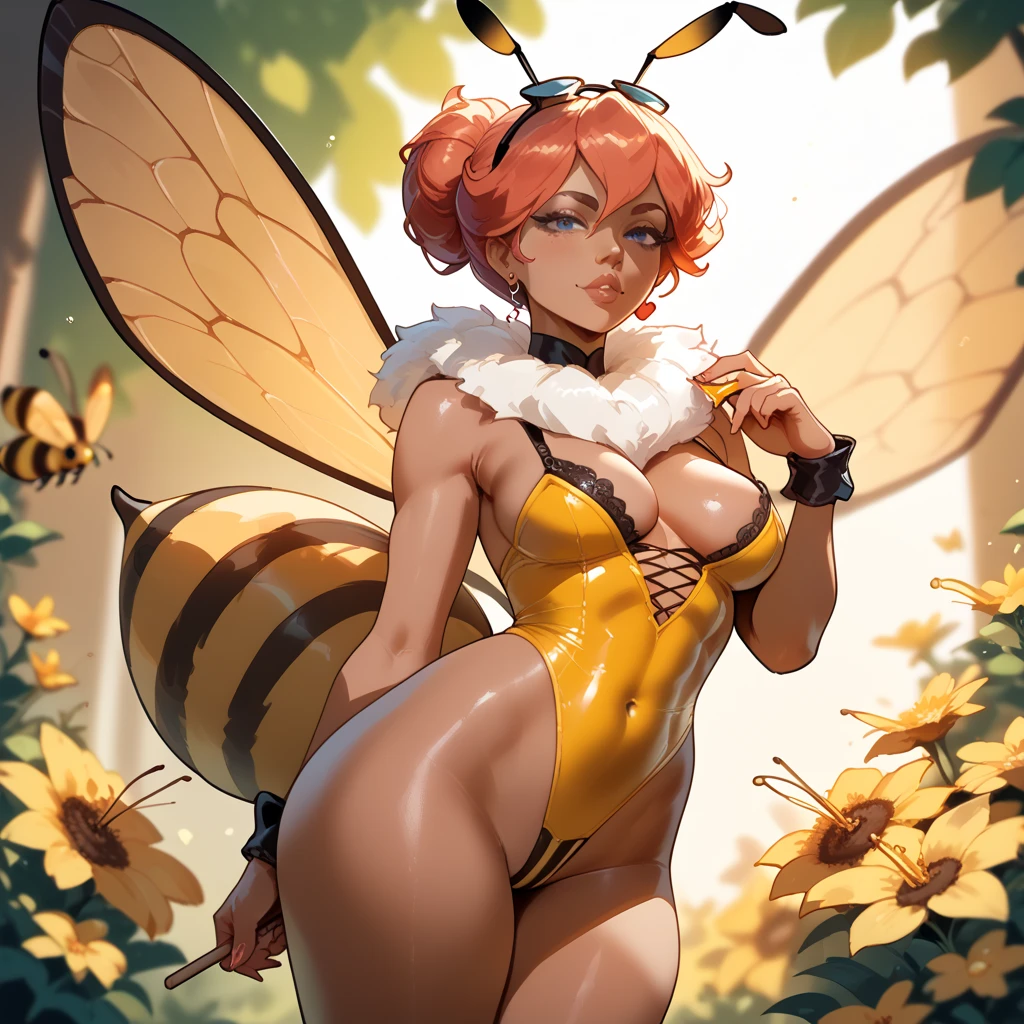 Solo, score_9,score_8_up,score_7_up, score_6_up, score_5_up, anthro, a tall curvy bee, female Anthro bee, bug, insect, nostrils, furry head, white eyes, black sclera.