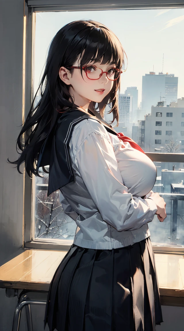 1 girl, glasses, big breasts, sexy seifuku, loose hair, smiling at you, sexy pose, blush, night light, detailed anime face, beautiful eyes, detailed hand, long eyelashes, detailed lips, detailed skin, intricate details, elegant, beautiful lighting, cool colors, cinematic, soft focus, photorealistic, masterpiece, 8k, ultra-detailed, (best quality, 4k, 8k, highres, masterpiece:1.2), ultra-detailed, (realistic, photorealistic, photo-realistic:1.37)