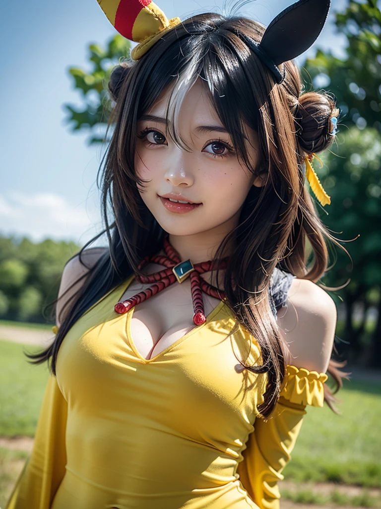 ((highest quality, masterpiece:1.3)), {{masterpiece}}, enlightenment, highest quality, In 8K,4k,masterpiece,super detailed,beautiful、super high quality, highest quality,High resolution, super detailed,緻密でbeautiful目, visual art,five fingers, perfect hands,beautiful girl,1 girl,Copano Ricky \(umamusume\), (((Upper body))), (((big breasts))), erect nipples under clothes, bare shoulders, off shoulder, blue gloves, beaded bracelet, removed sleeve, wide sleeve, red ribbon, neck ribbon, (cleavage), yellow dress, ruffle dress, ((armpit)), arm behind head, ((Wet)), ((vapor)), embarrassing,(big breasts:1.7)