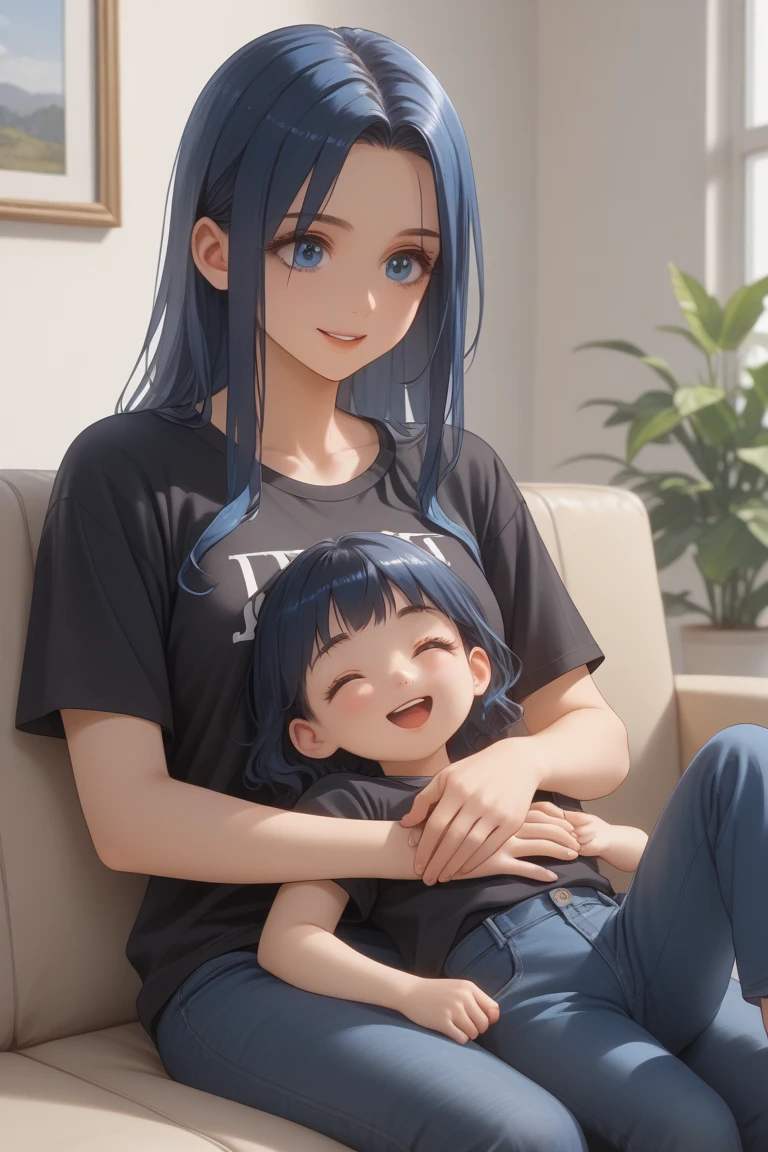 She is a 20-year-old adult who is sitting on her boyfriend's lap on the couch while he holds her, Looking happy . She has blue hair , blue eyes and light skin, being described as pretty, cute and attractive. She is in a sophisticated living room, acolhedora, beautiful and modern . and is wearing a dark black oversized t-shirt with dark blue jeans. hyper-detailed, hyper resolution, hyper quality, ultra HD, obra-prima, preciso, shiny skin, pele oleosa, anime style 2D.