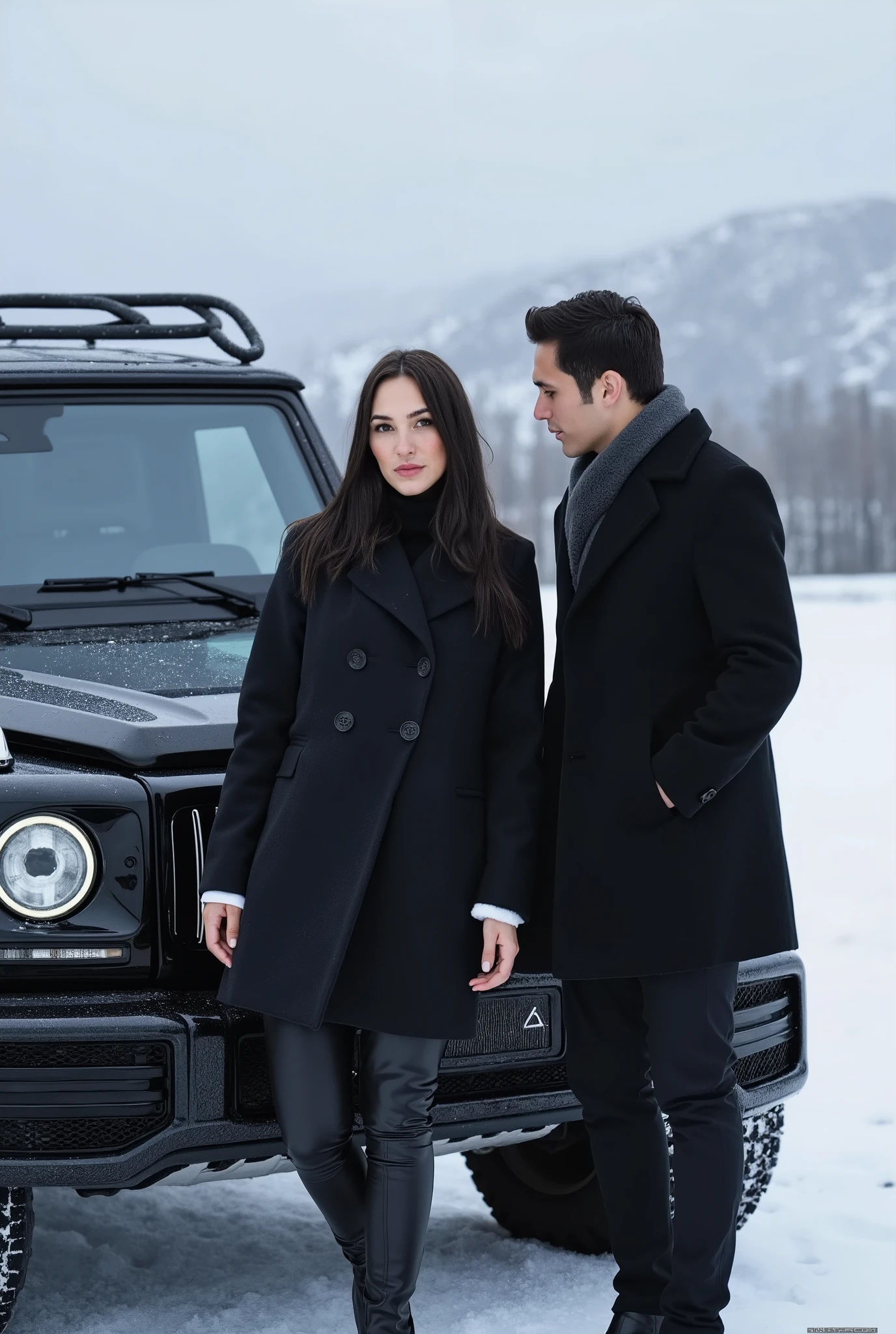 A young man and a woman stand together in a wonderful mountain place similar to the Alaskan mountains, surrounded by beautiful landscapes of snow and rugged mountains that reflect the beauty of wild nature. The weather is very cold with a foggy atmosphere, adding a calm and charming character to the scene..
The young man, in his early twenties, has a slightly tan skin and carefully styled black hair. wearing a dark winter coat with a gray scarf and elegant pants.. He smiles with a light natural smile while standing next to the woman.
The woman, in her forties, is pregnant and looks very elegant.. wears a winter coat Elegant, her short black hair reaches shoulder level and looks slightly wet, giving her a touch of modernity and attractiveness.. She sits quietly in the front of a black Mercedes G-Class, leaning on the hood while the young man stands next to her, turning to her with a quiet smile.
behind them. The snow-covered mountain scenery extends, and the luxury car adds a touch of modernity and luxury to the atmosphere The classic mountain.