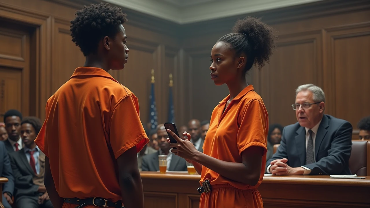 (photorealism:1.2), a tall 50 year old white female prison guard in police uniform touching the bare breast of a small 20 year old topless female black prisoner in orange prison jumpsuit, many female prisoners watching in background, prison setting, high detail, UHD, 4K