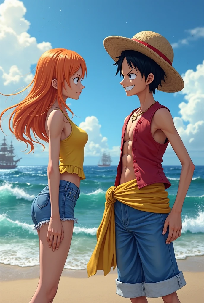Luffy from One Piece with Nami's body below his neck, standing next to Nami with Luffy's Head.