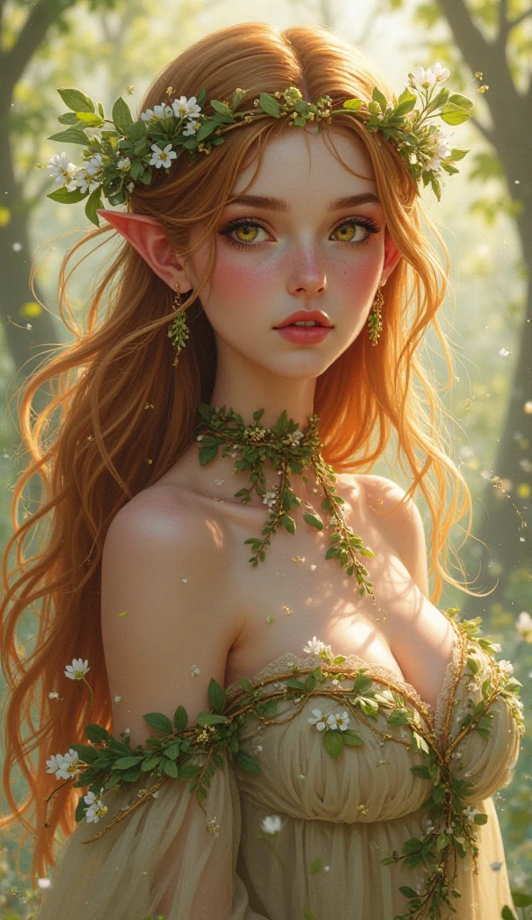 Jungle like environment. A young Plant woman with a deep green skin tone. She short has leaf green curly hair & is wearing a revealing mythic flowing Black-Purple-Green cloak with Golden Floral designs & an otherworldly flower wreath on he head. She has Serious yet gentle gaze in her Starlike Golden eyes & a heavy freckled form. She has long crystal blue antlers radiating Floral energy & a set of quaint elven ears. She has a small cute nose She is seen in a battle stance radiating a floral energy