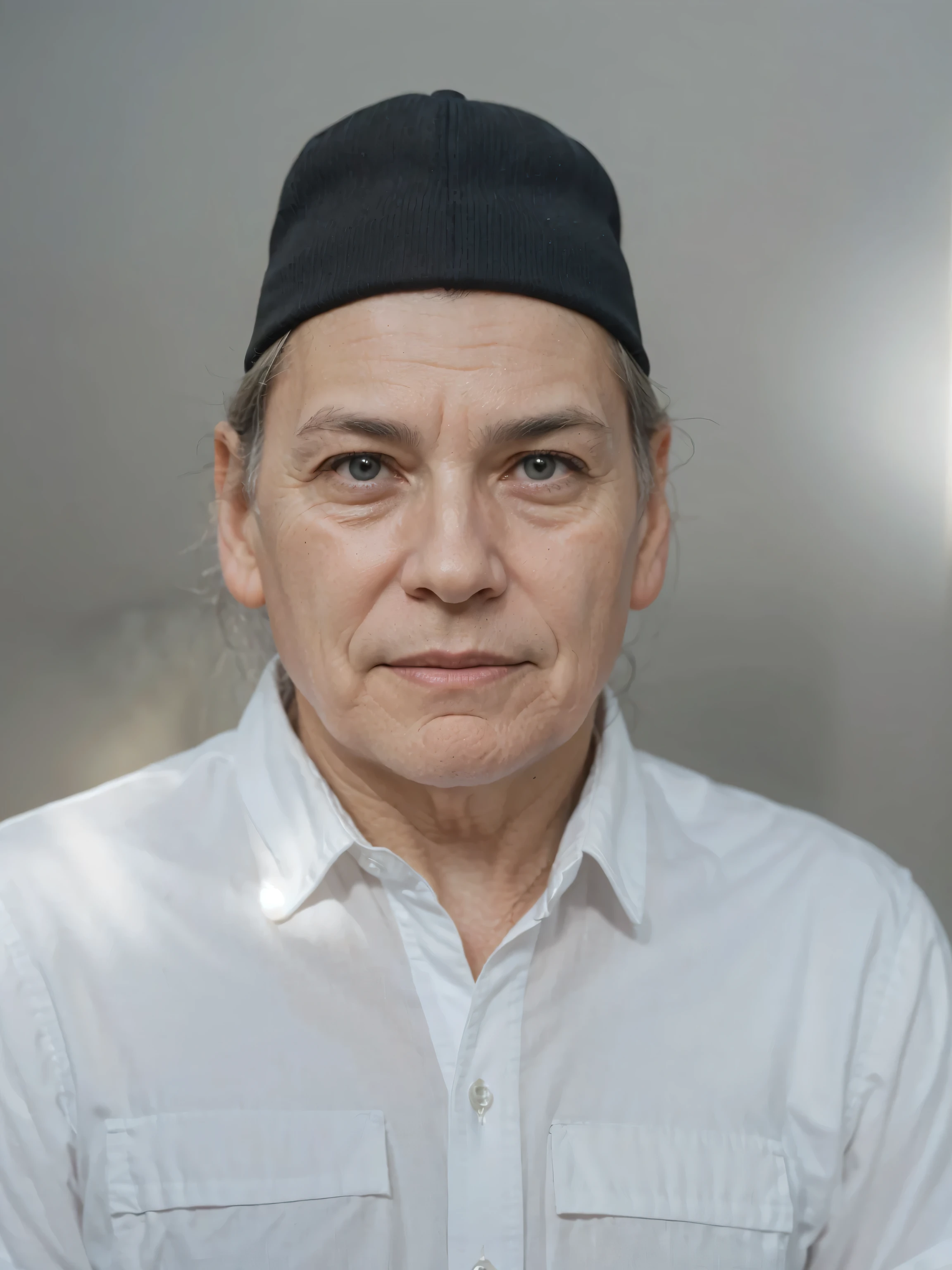 A man old 50 year a wearing black hat and white shirt polo