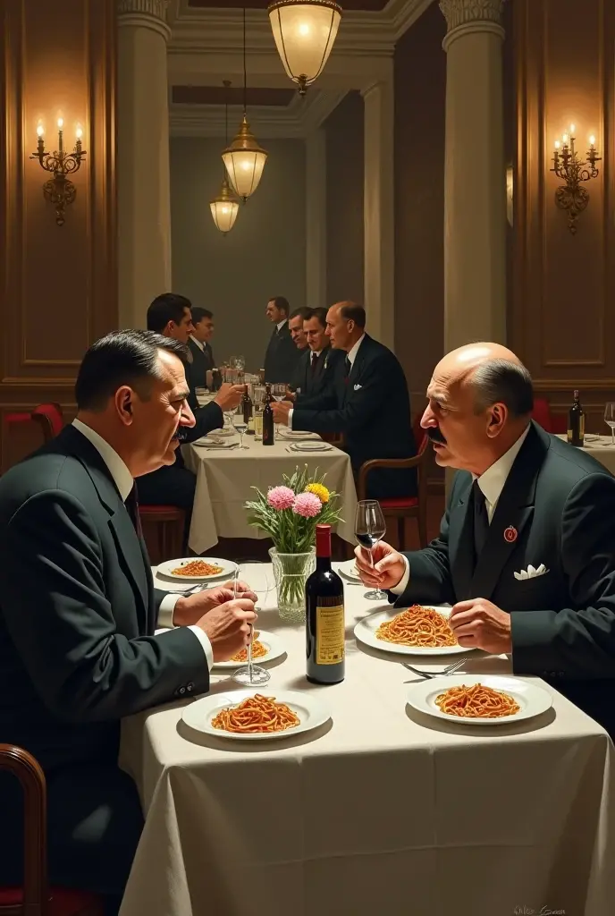 Adolf hitler and joshep starlin with restaurant and eat spaghetti