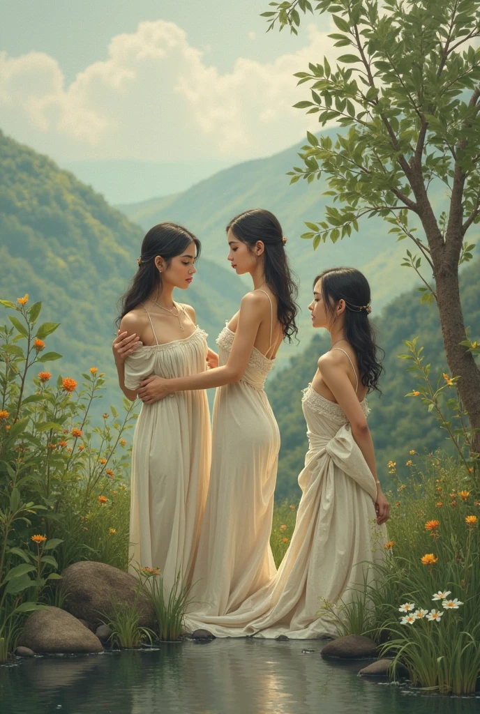 Giorgione painting style,Barbizon forest A beautiful woman in Greek dress smiles on the shore,Sweet and seductive appearance.、Caravaggio's paintings、Chiaroscuro of Caravaggio、hair tousled by the wind,Two women frolicking,cute smile, expression of ecstasy,Sexy,erotic, full body portrait