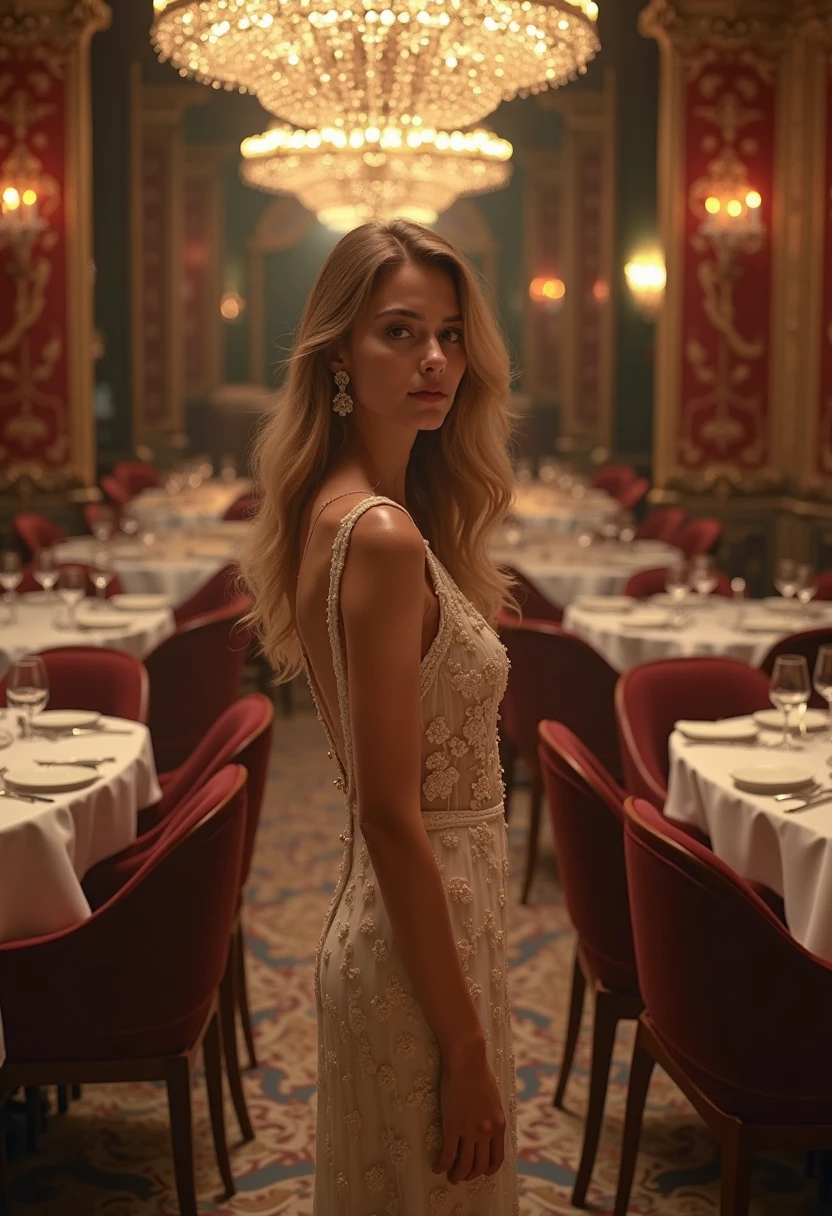 photography, wide angle, full body, young woman, redhead, blue eyes, freckles, dressed in a very elegant long red dress with a train, you have red lipstick, earrings, gold necklace and bracelet, impressive at the view, is located in the Grand Casino de Monte Carlo, Monaco, has people around, great image