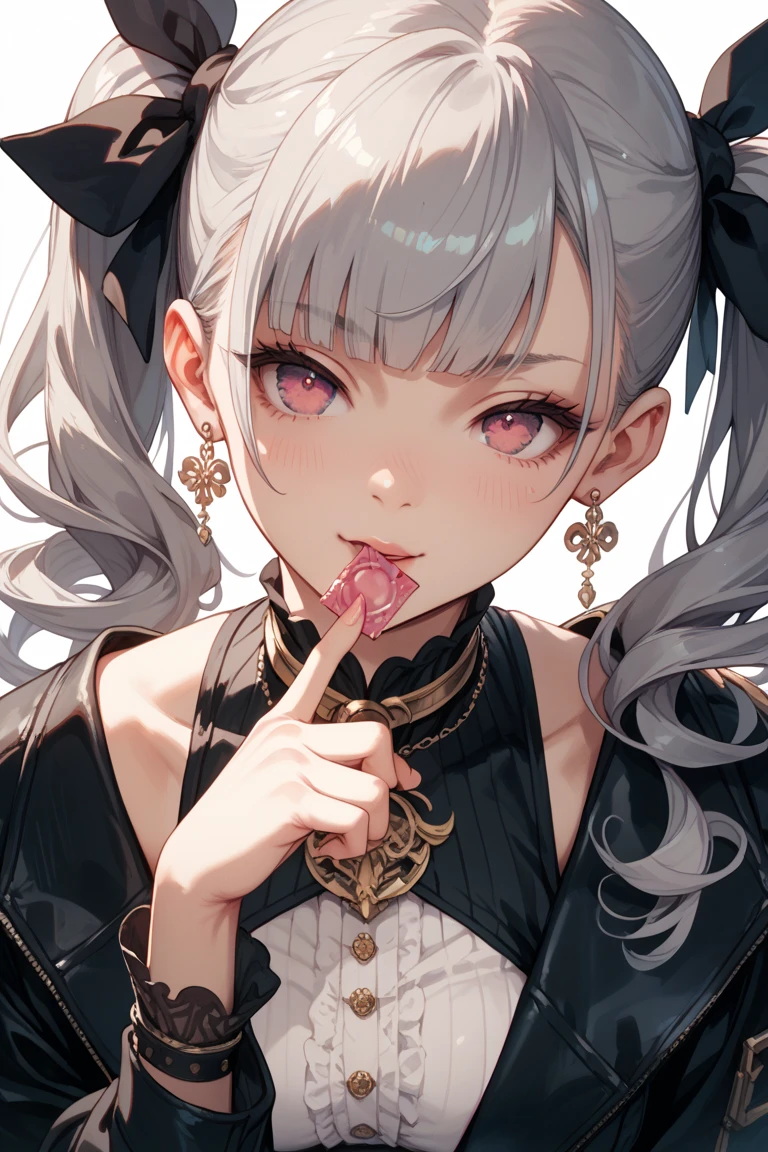 Best Quality, Masterpiece,1girl,solo focus,vvi\(artstyle\),animal collar,see-through,hair in mouth,pop,white hair, heart-shaped pupils, <lora:animeTarotCardArtStyleLora_v30:1> <lora:vividImpactfulStyle_v40g:0.7>