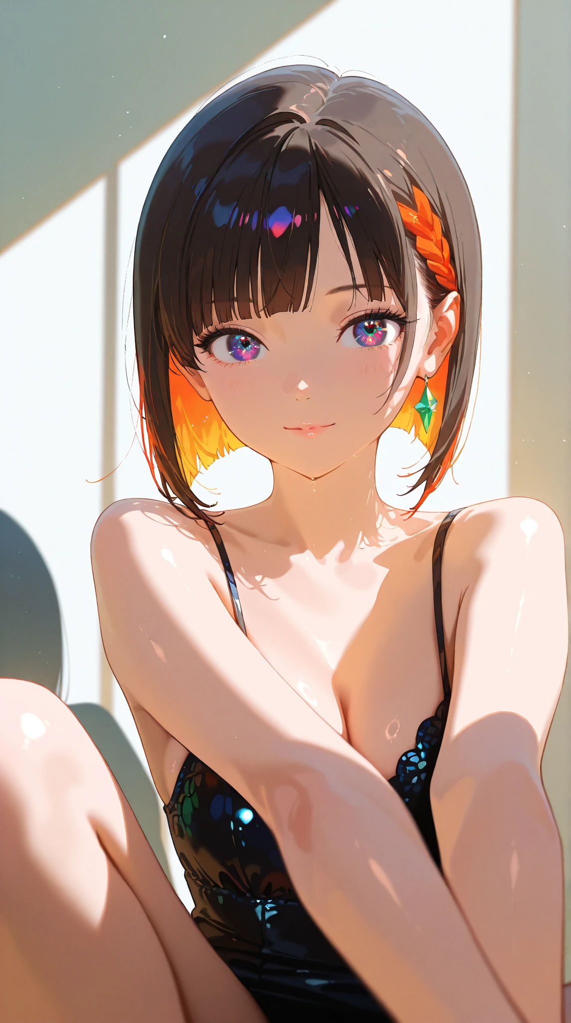 Japanese,Innocent face,Teenage Girl,cute,marble cute micro bikini,Close-up photo from the waist up,double bun,blunt bangs,short hair,Hair Clip,(blush)