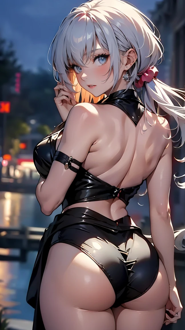 (top-quality、masterpiece、high-level image quality、Super delicate)、a beauty girl、smooth ash gray hair、(Loose ponytail tied with a black ribbon)、Gorgeous yellow eyes、large full breasts、((Naked tied with ropes))、top grade、(Estrus look)、痴女